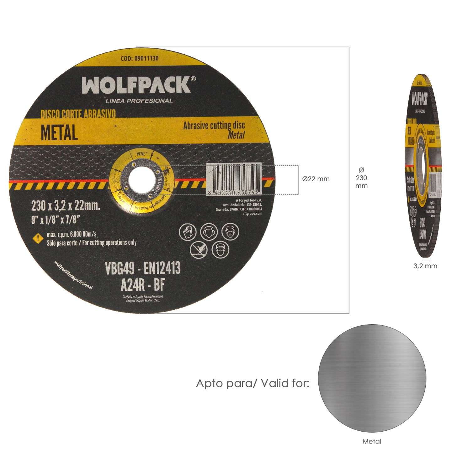 Disco Corte Abrasivo Metal Ø 230 x Ø 22 mm. Espesor 3,2 mm.Disco Radial / Amoladora Universal