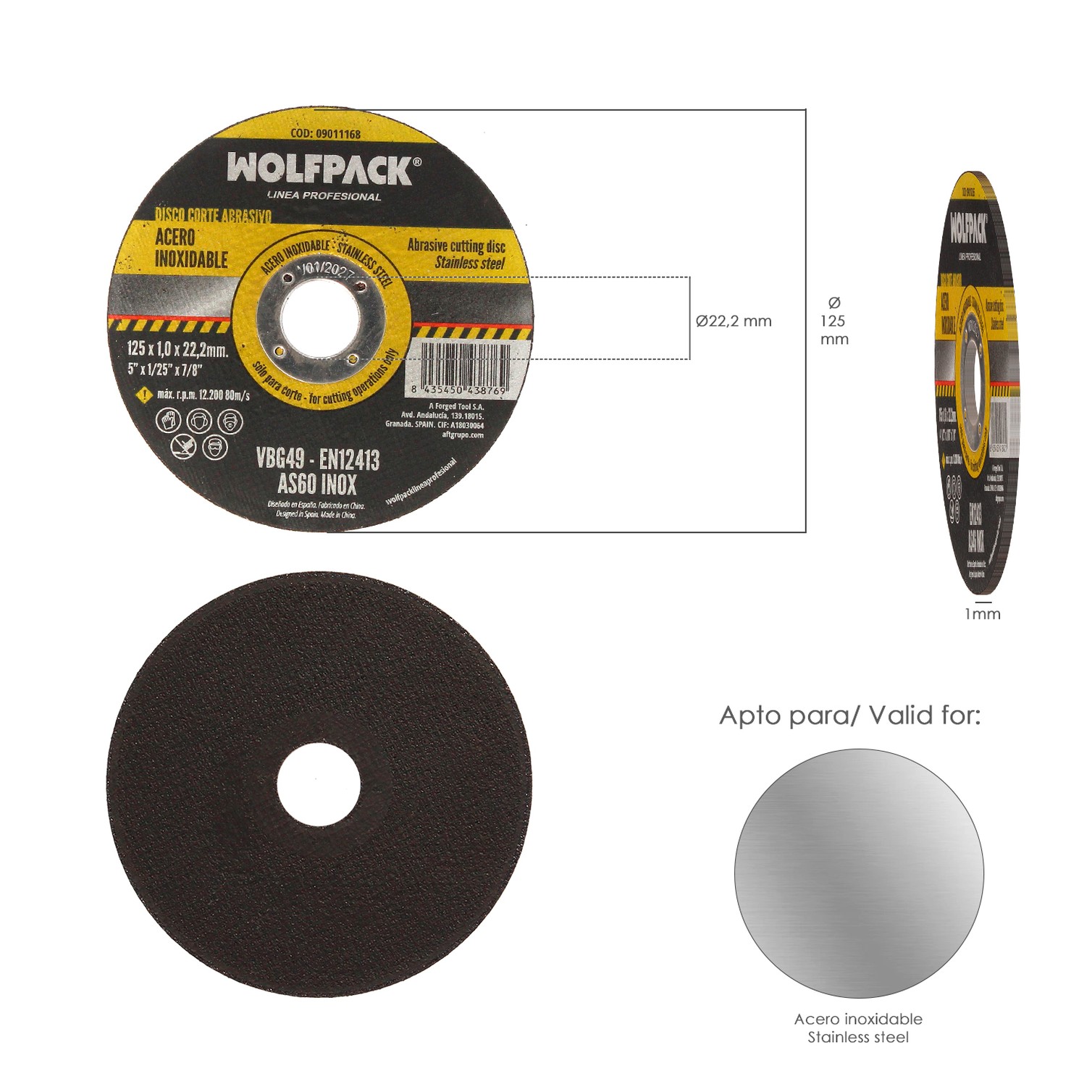 Disco Corte Abrasivo Acero Inoxidable Plus Ø 125x Ø 22,2 mm Espesor 1,0 mm. Disco Radial / Amoladora Universal