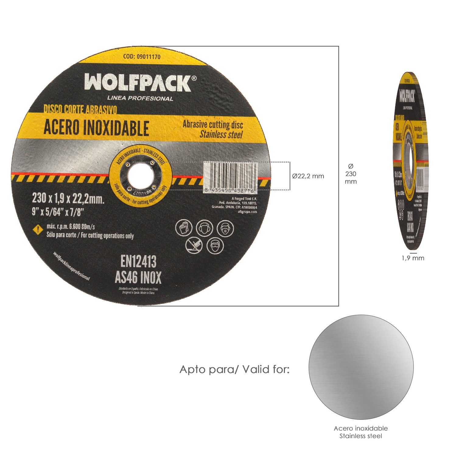 Disco Corte Abrasivo Acero Inoxidable Ø 230x Ø 22,2 mm Espesor 1,9 mm Disco Radial / Amoladora Universal Con Todas Las Amoladora