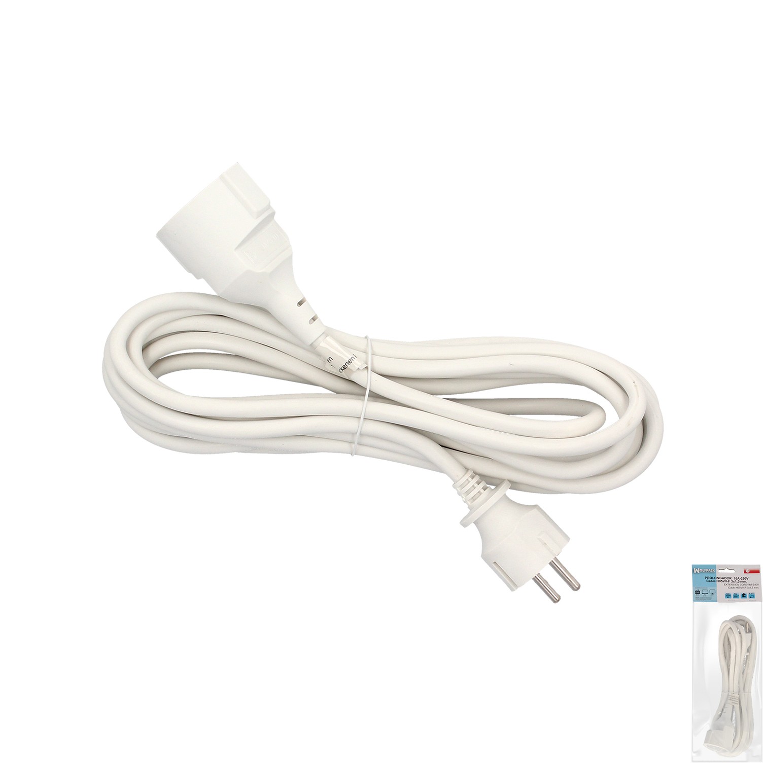 Prolongador Cable Electrico 5 metros. Alargadera 16 A. 3500 W. Conexión Sucko 3 Polos + Tierra. Color Blanco