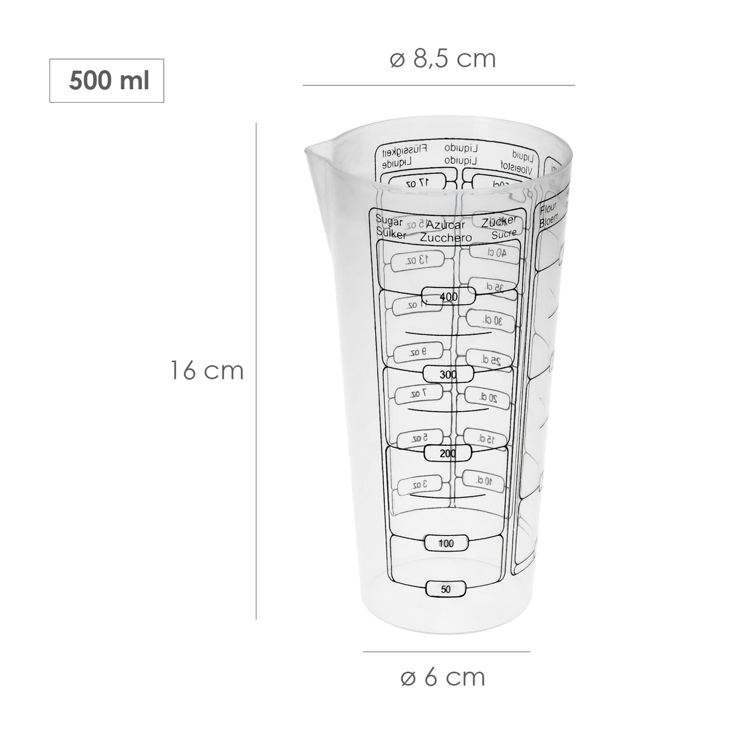 Vaso Medidor Plastico Oryx 500 ml. 8,5x6x16 cm.