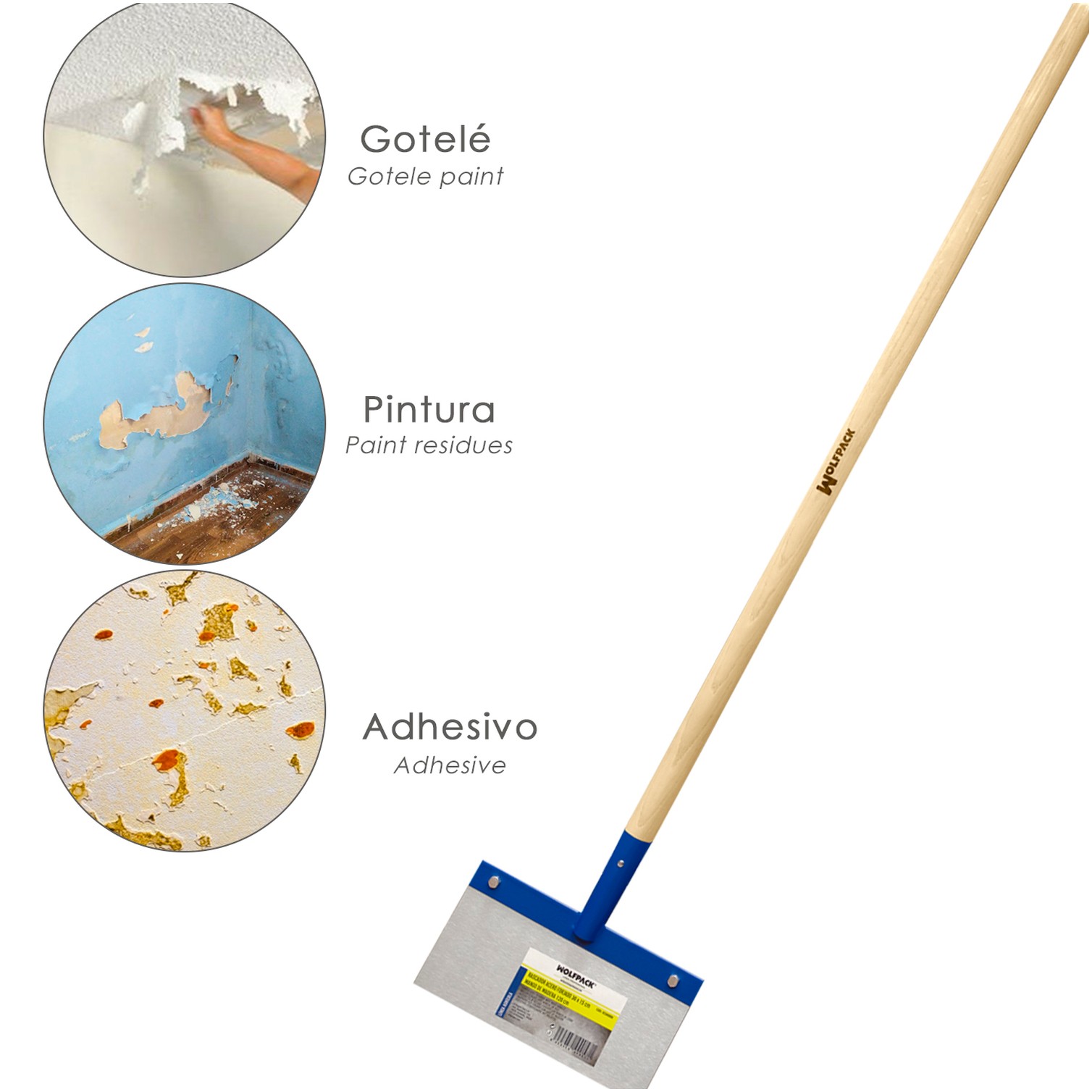 Rascador / Rasqueta Para Techos, Suelos, Paredes 300x150 mm. Con Mango Madera 1200 mm. Fabricado en Acero