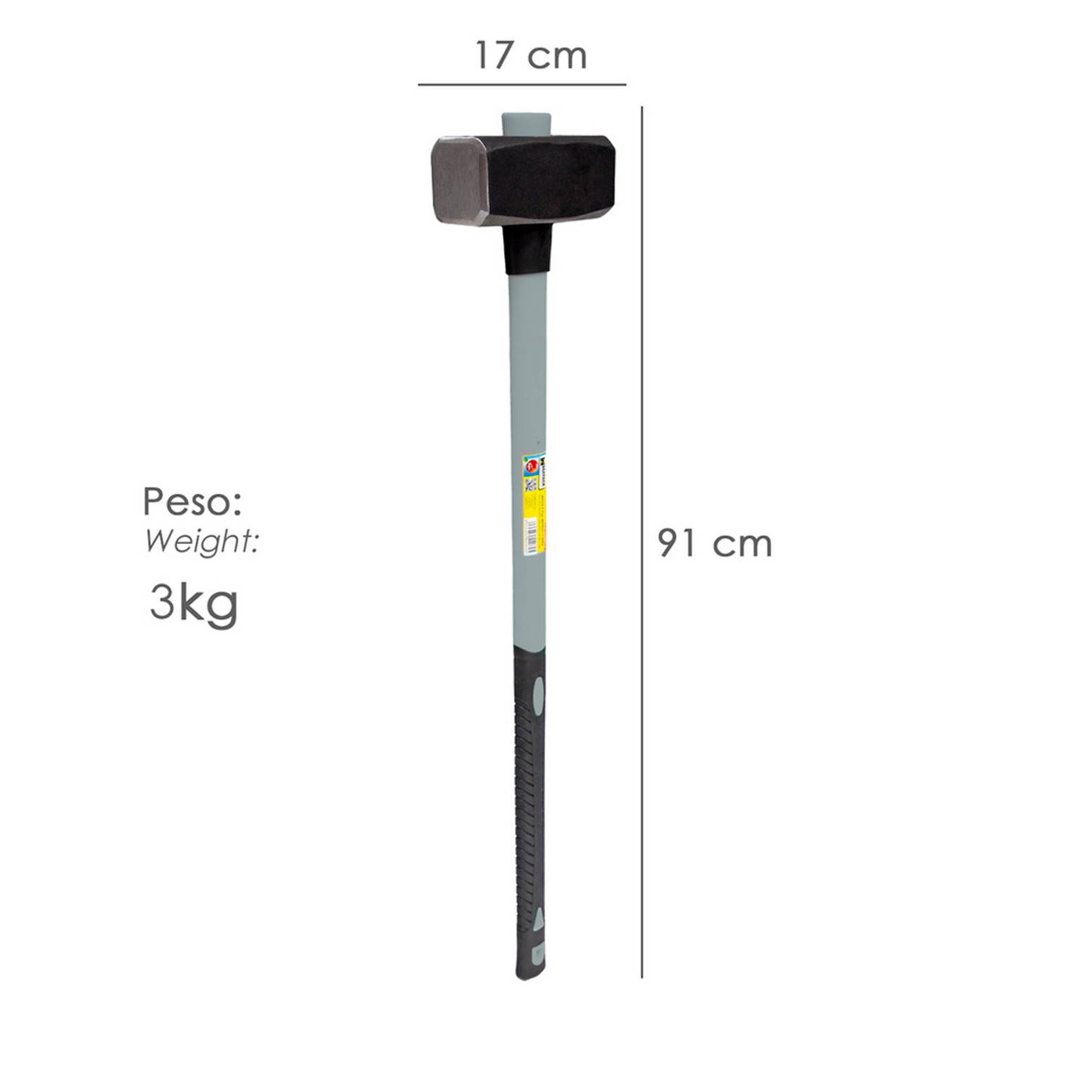 Maza Con Mango Fibra Vidrio 3 Kg. Cabeza Forjada, Con Anillo Anti Vibración, Maza / Porro