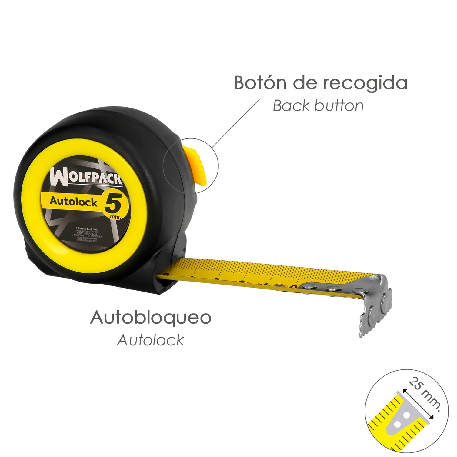 Flexometro Sistema Autolock Con Freno Automatico Longitud 5 Metros Ancho Cinta 25 mm. Magnetico. Cinta Metrica Freno Automatico