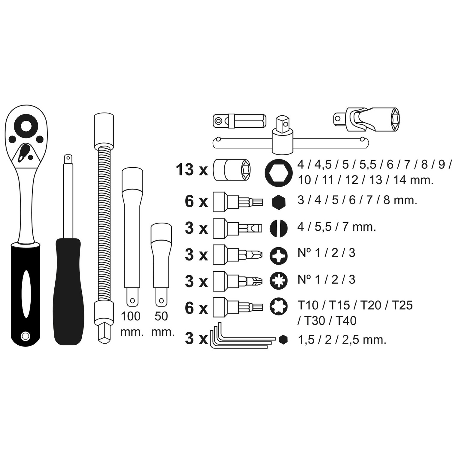 Juego Llaves De Vaso y Puntas 1/4" 46 Piezas. Con Apadtador. Cromo Vanadio, Kit Llave Combinada, Kit Carraca, Juego Llaves Vaso