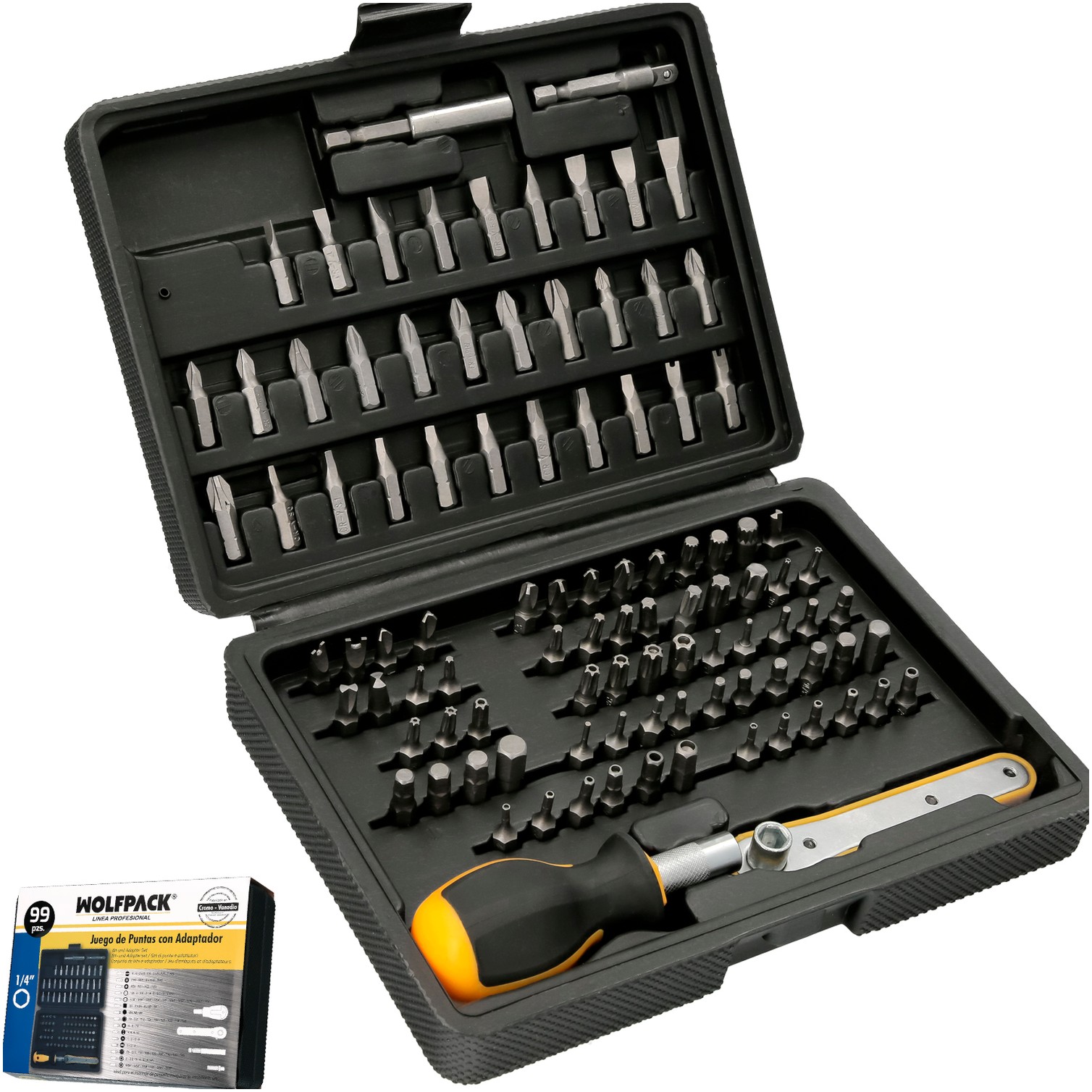 Juego Puntas con Destornillador 1/4" 99 Pzs. Con Apadtador. Cromo Vanadio, Kit Llave Combinada, Kit Carraca,