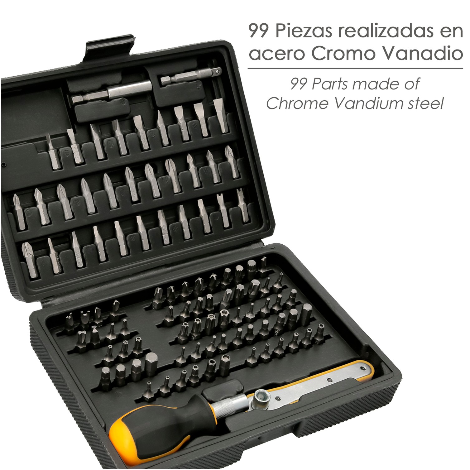 Juego Puntas con Destornillador 1/4" 99 Pzs. Con Apadtador. Cromo Vanadio, Kit Llave Combinada, Kit Carraca,