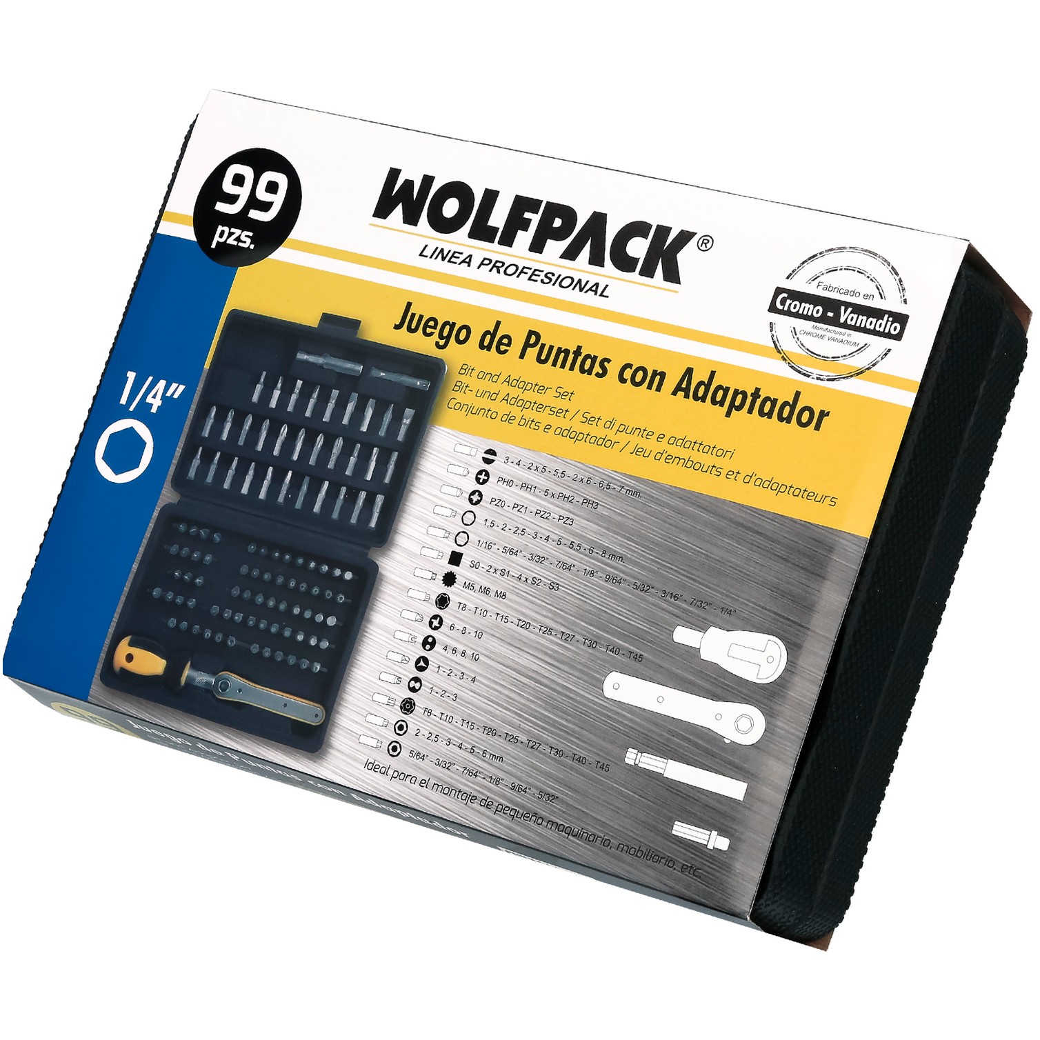 Juego Puntas con Destornillador 1/4" 99 Pzs. Con Apadtador. Cromo Vanadio, Kit Llave Combinada, Kit Carraca,