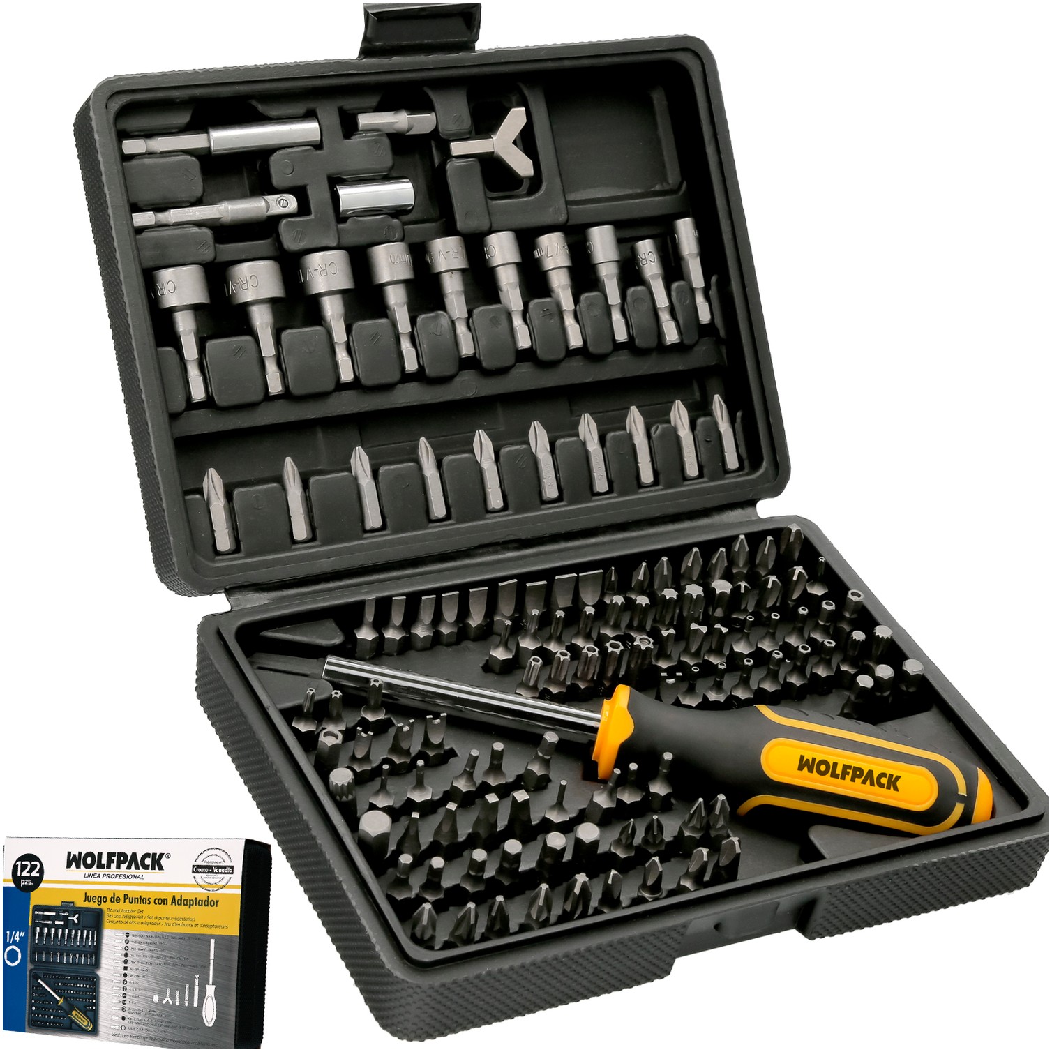 Juego Puntas con Destornillador 1/4" 122 Pzs. Con Apadtador. Cromo Vanadio, Kit Llave Combinada, Kit Carraca,
