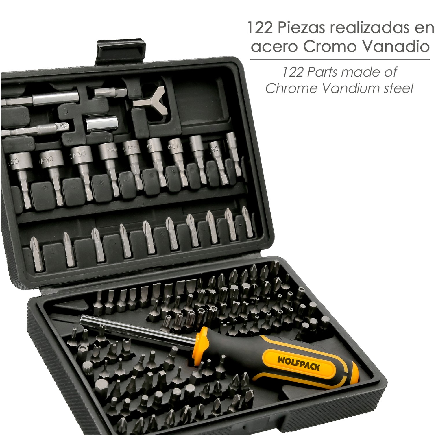 Juego Puntas con Destornillador 1/4" 122 Pzs. Con Apadtador. Cromo Vanadio, Kit Llave Combinada, Kit Carraca,