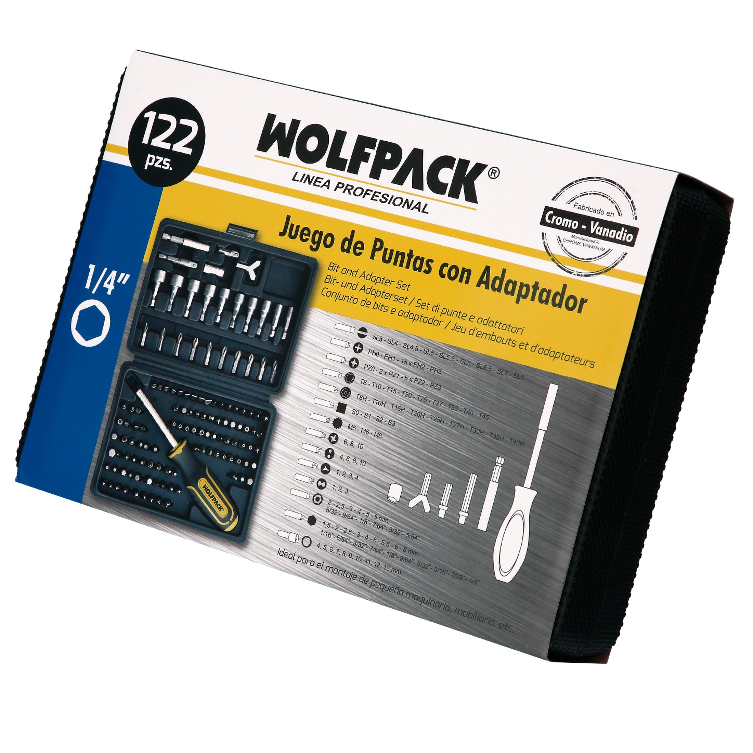 Juego Puntas con Destornillador 1/4" 122 Pzs. Con Apadtador. Cromo Vanadio, Kit Llave Combinada, Kit Carraca,