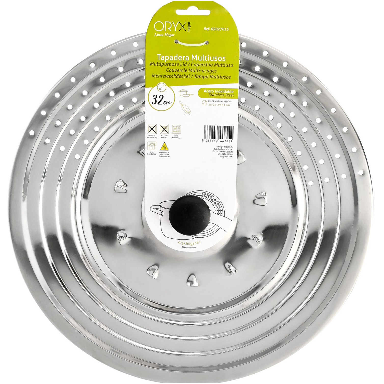 Tapadera Multiusos Acero Inoxidable Ø 32 cm. Uso Tapa Anti Salpicaduras y Escurridor. Tapadera Adpatable Diferentes Medidas