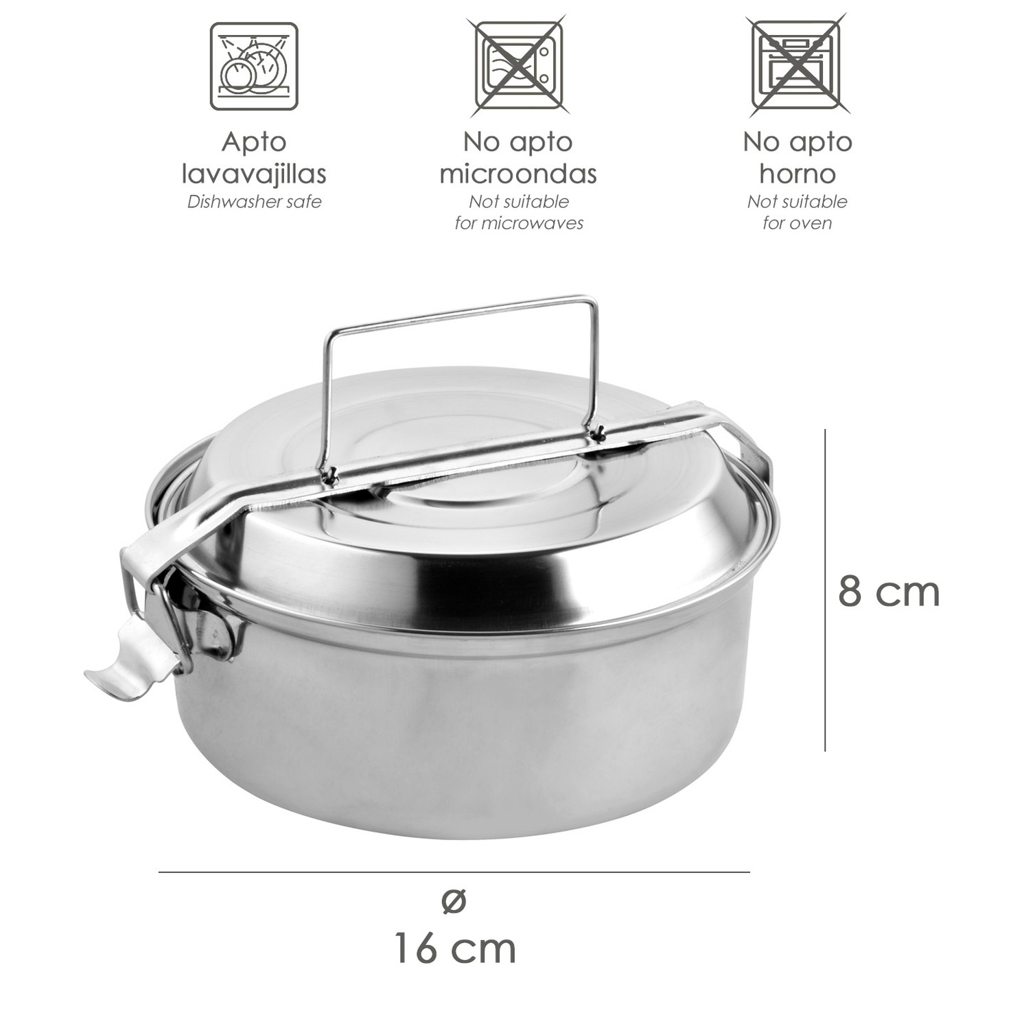Fiambrera Metalica De Acero Inoxidable Con 2 Platos Ø 16 cm. Lunch Box, Fiambrera Metalica, Porta Alimentos Metalico,