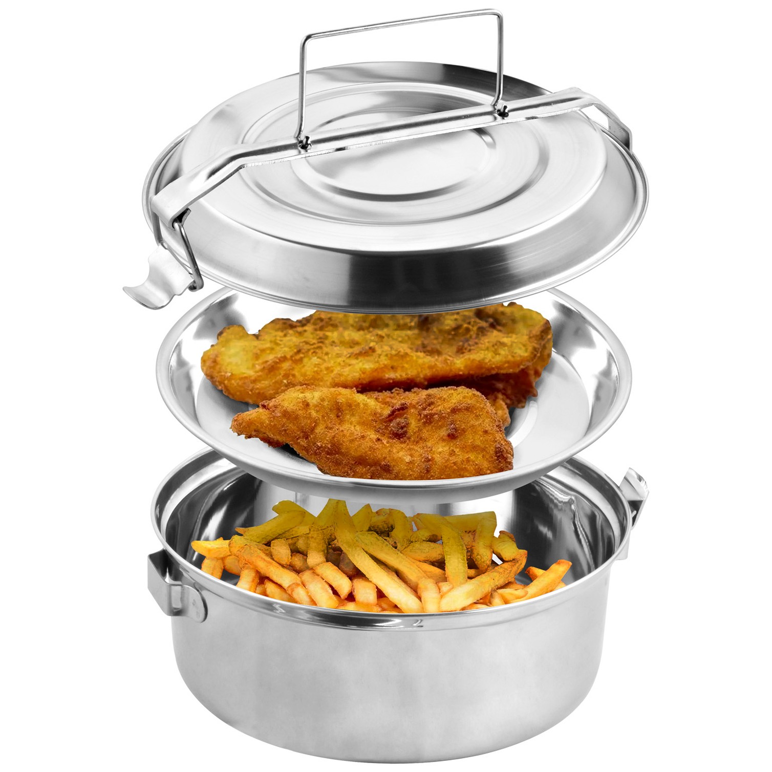 Fiambrera Metalica De Acero Inoxidable Con 2 Platos Ø 16 cm. Lunch Box, Fiambrera Metalica, Porta Alimentos Metalico,