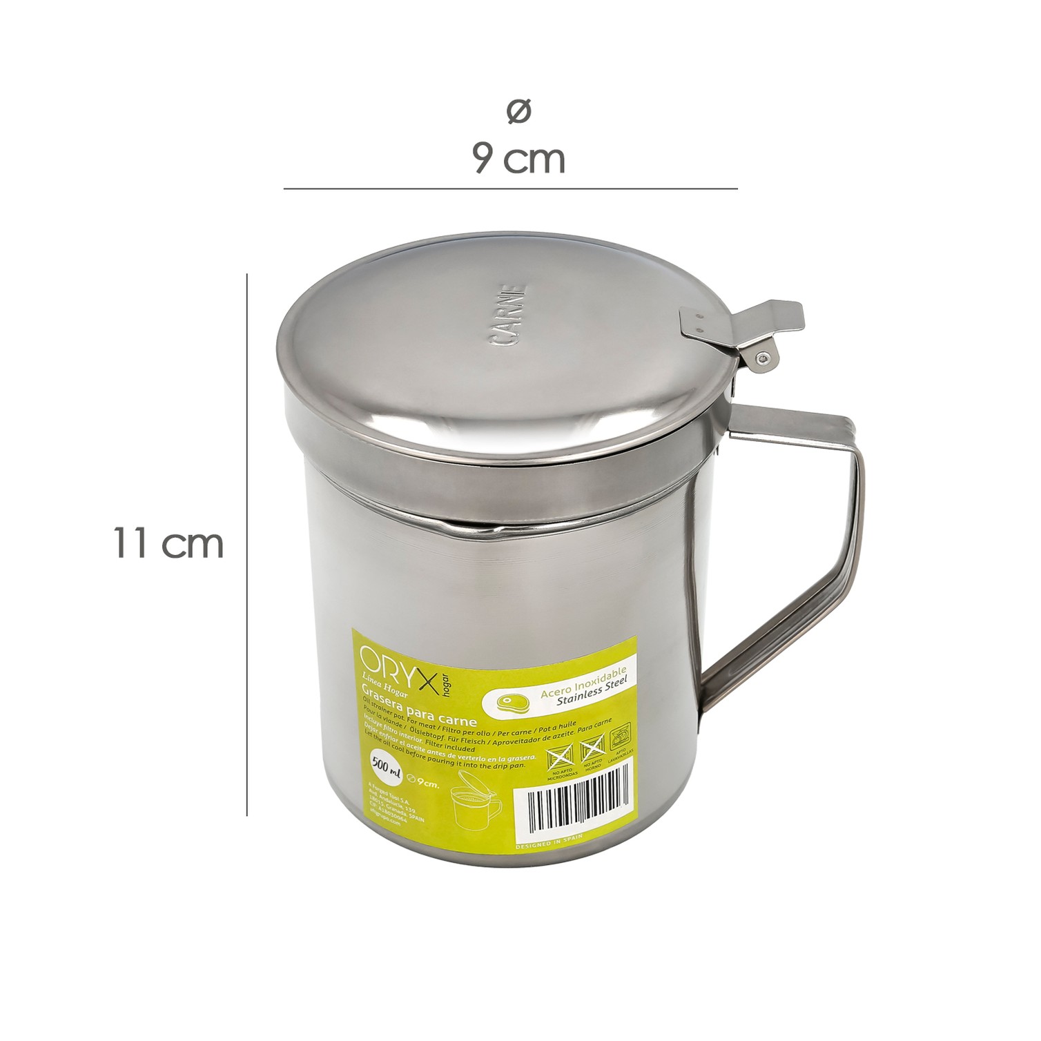 Grasera Acero Inoxidable Para Carne, Aceitera Aceite Usado 0,5 lts. Con Colador y Tapa, Recipiente Reciclaje Aceite Usado Carne