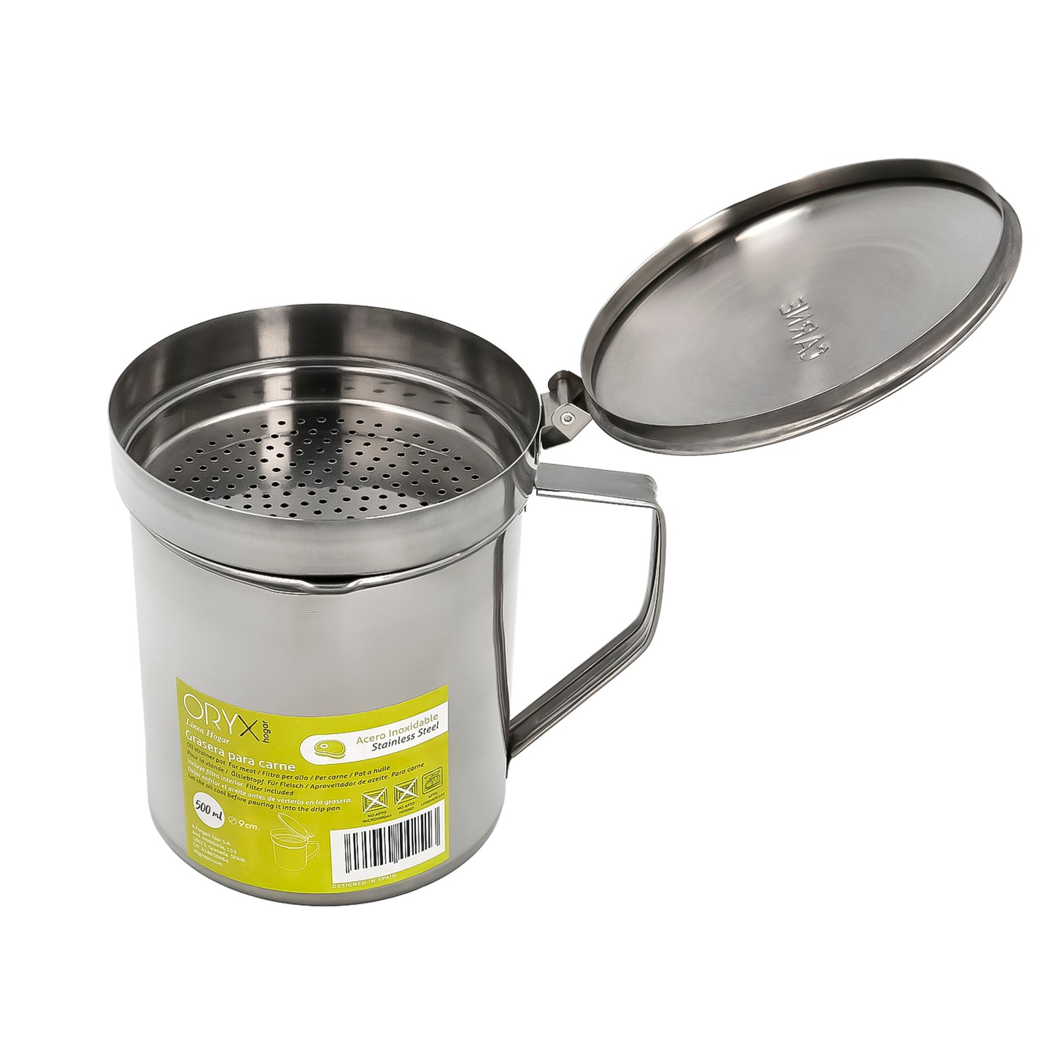 Grasera Acero Inoxidable Para Carne, Aceitera Aceite Usado 0,5 lts. Con Colador y Tapa, Recipiente Reciclaje Aceite Usado Carne