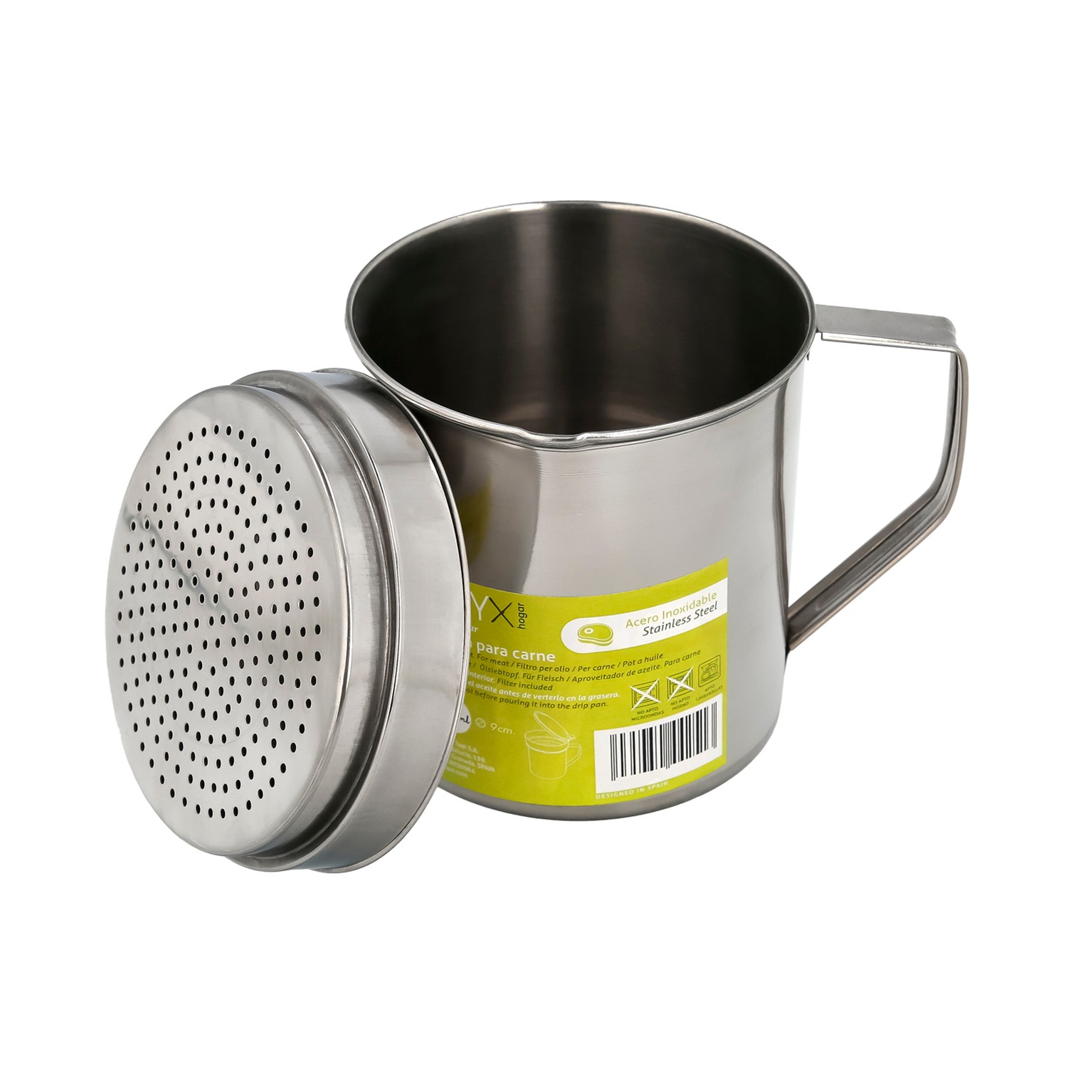 Grasera Acero Inoxidable Para Carne, Aceitera Aceite Usado 0,5 lts. Con Colador y Tapa, Recipiente Reciclaje Aceite Usado Carne