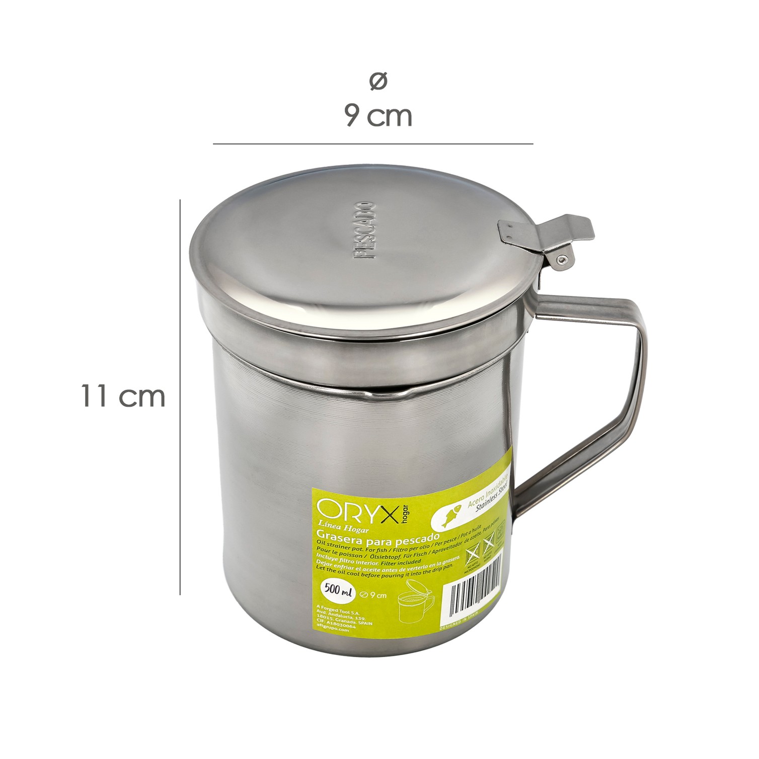 Grasera Acero Inoxidable Para Pescado Aceitera Aceite Usado 0,5 L. Con Colador y Tapa, Recipiente Reciclaje Aceite Usado Pescado