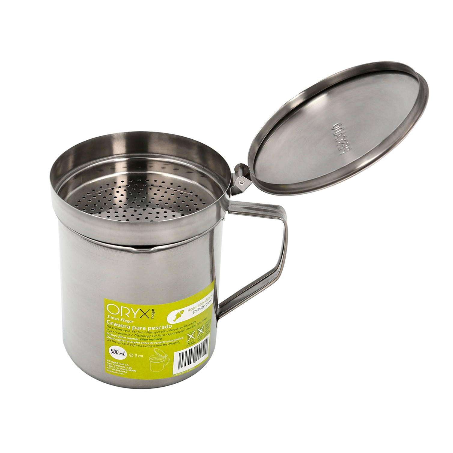 Grasera Acero Inoxidable Para Pescado Aceitera Aceite Usado 0,5 L. Con Colador y Tapa, Recipiente Reciclaje Aceite Usado Pescado