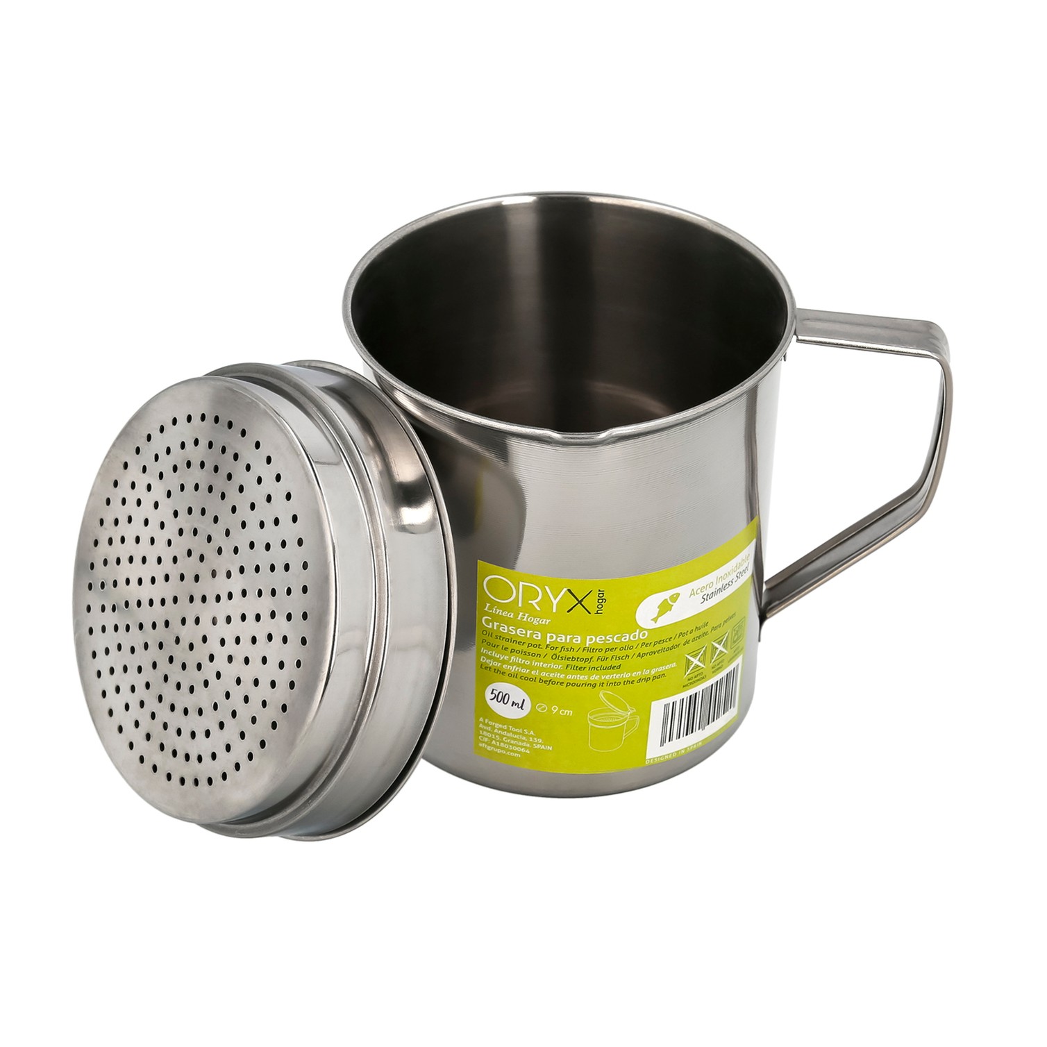 Grasera Acero Inoxidable Para Pescado Aceitera Aceite Usado 0,5 L. Con Colador y Tapa, Recipiente Reciclaje Aceite Usado Pescado