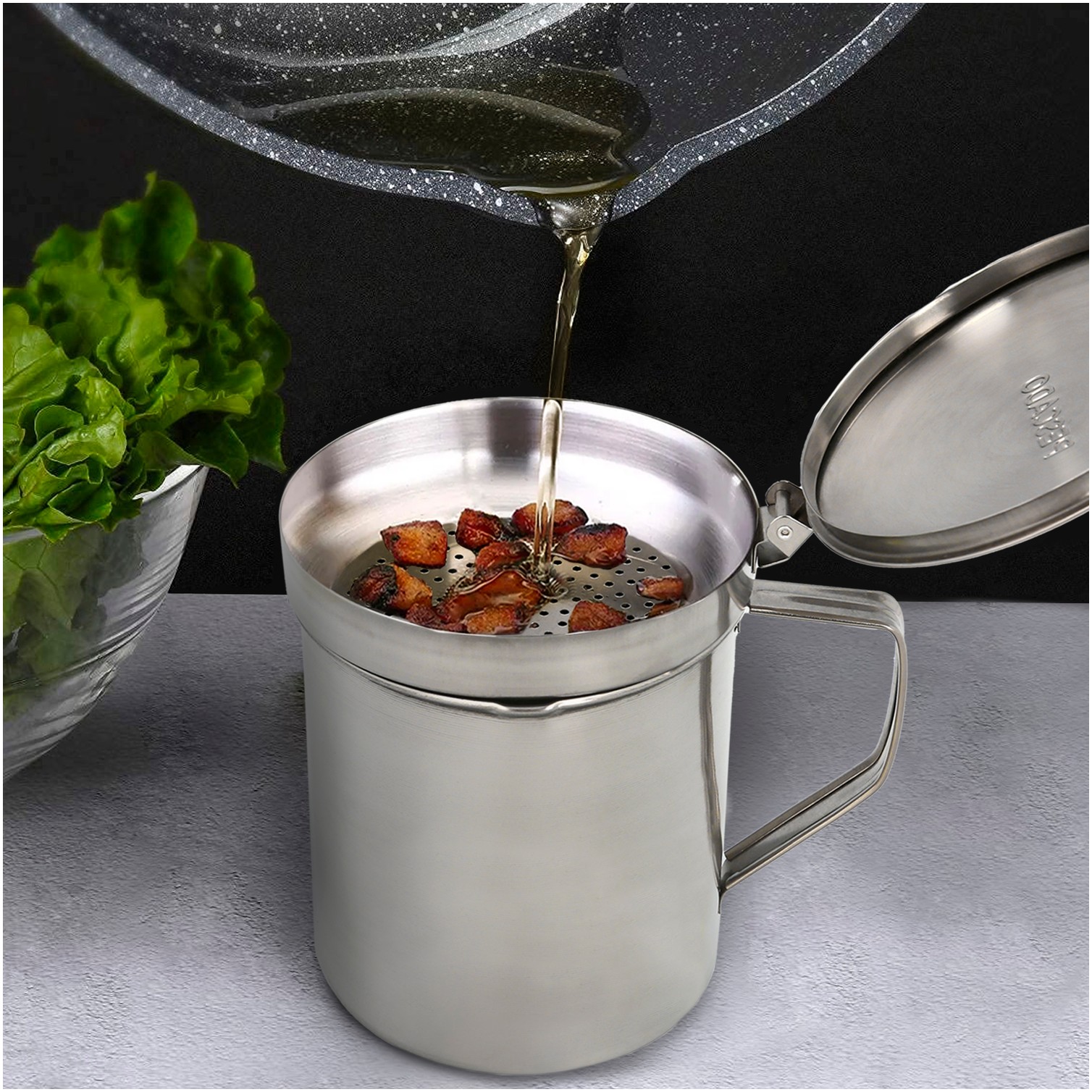 Grasera Acero Inoxidable Para Pescado Aceitera Aceite Usado 0,5 L. Con Colador y Tapa, Recipiente Reciclaje Aceite Usado Pescado