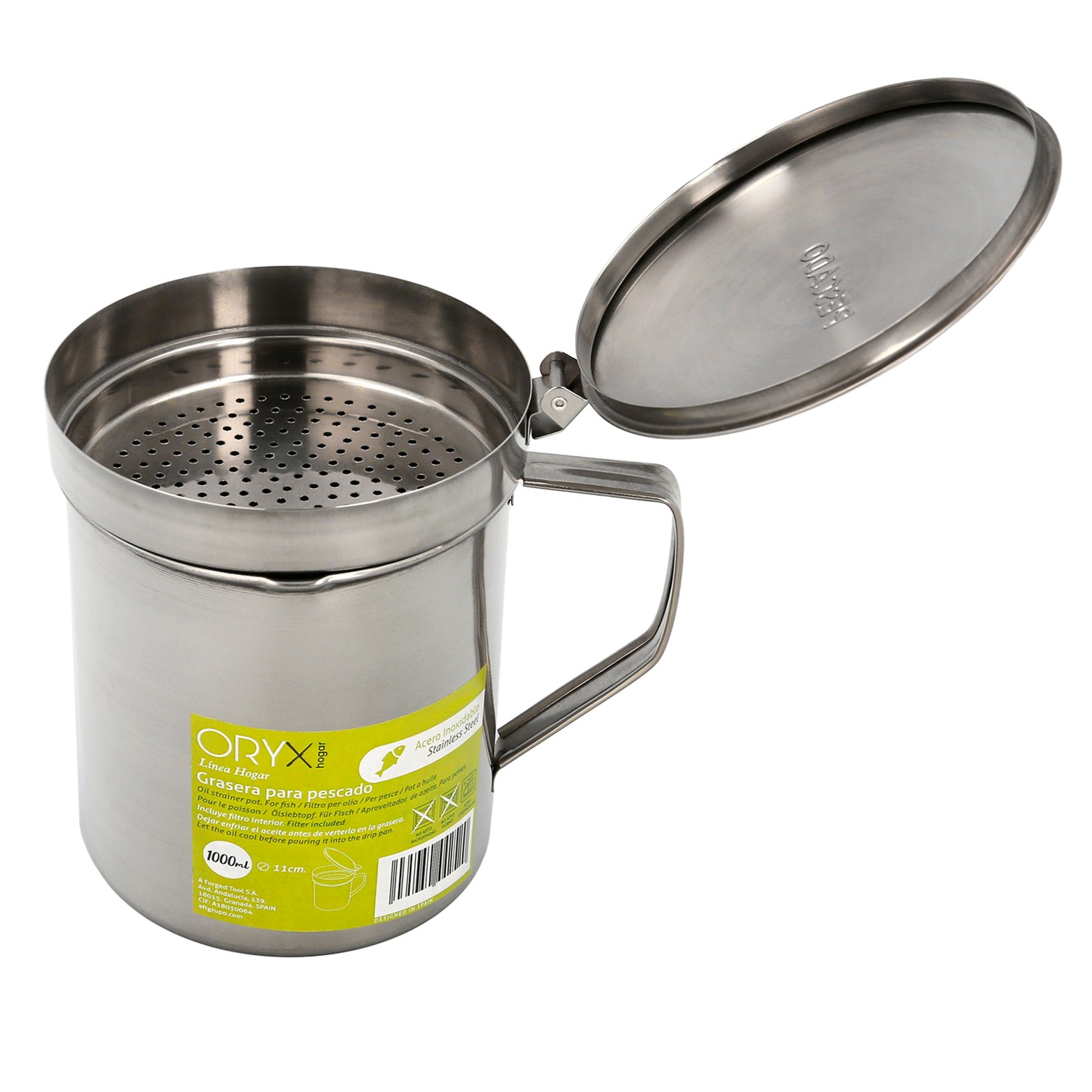 Grasera Acero Inoxidable Para Pescado Aceitera Aceite Usado 1,0 L. Con Colador y Tapa, Recipiente Reciclaje Aceite Usado Pescado