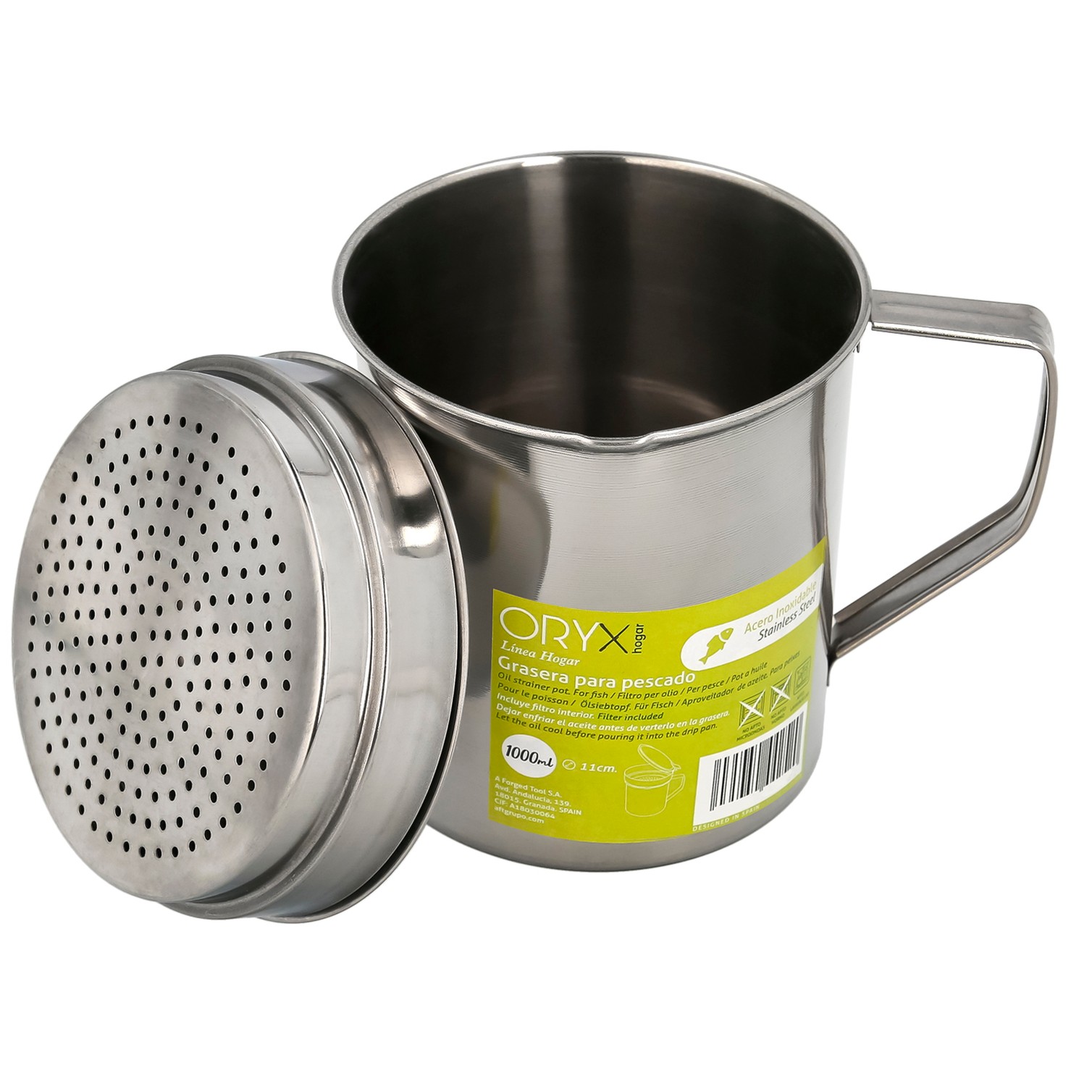 Grasera Acero Inoxidable Para Pescado Aceitera Aceite Usado 1,0 L. Con Colador y Tapa, Recipiente Reciclaje Aceite Usado Pescado