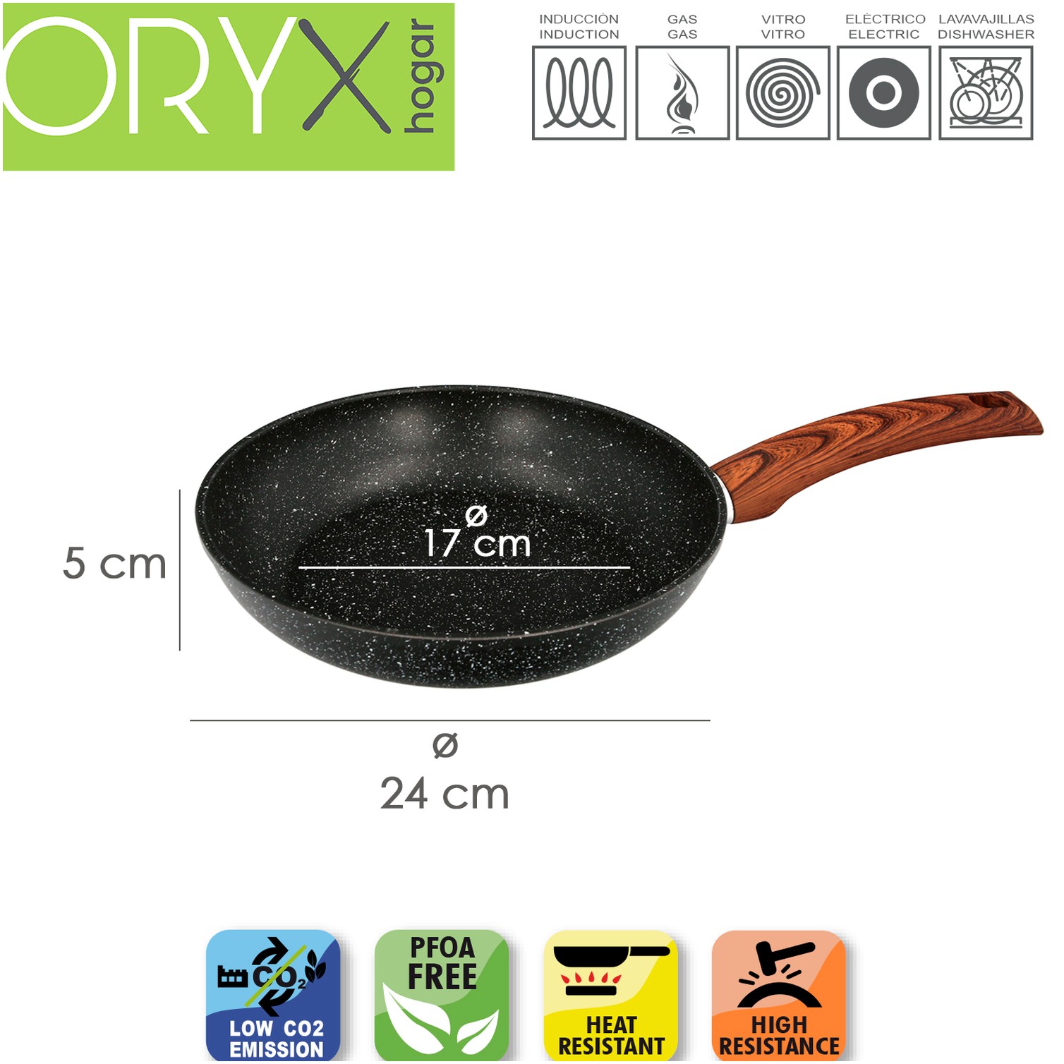Sarten Aluminio Forjado Antiadherente Ø 24 x 5 cm. Mango Engomado / 5 capas / Acabado Piedra / Apta Para Todo Tipo de Cocinas