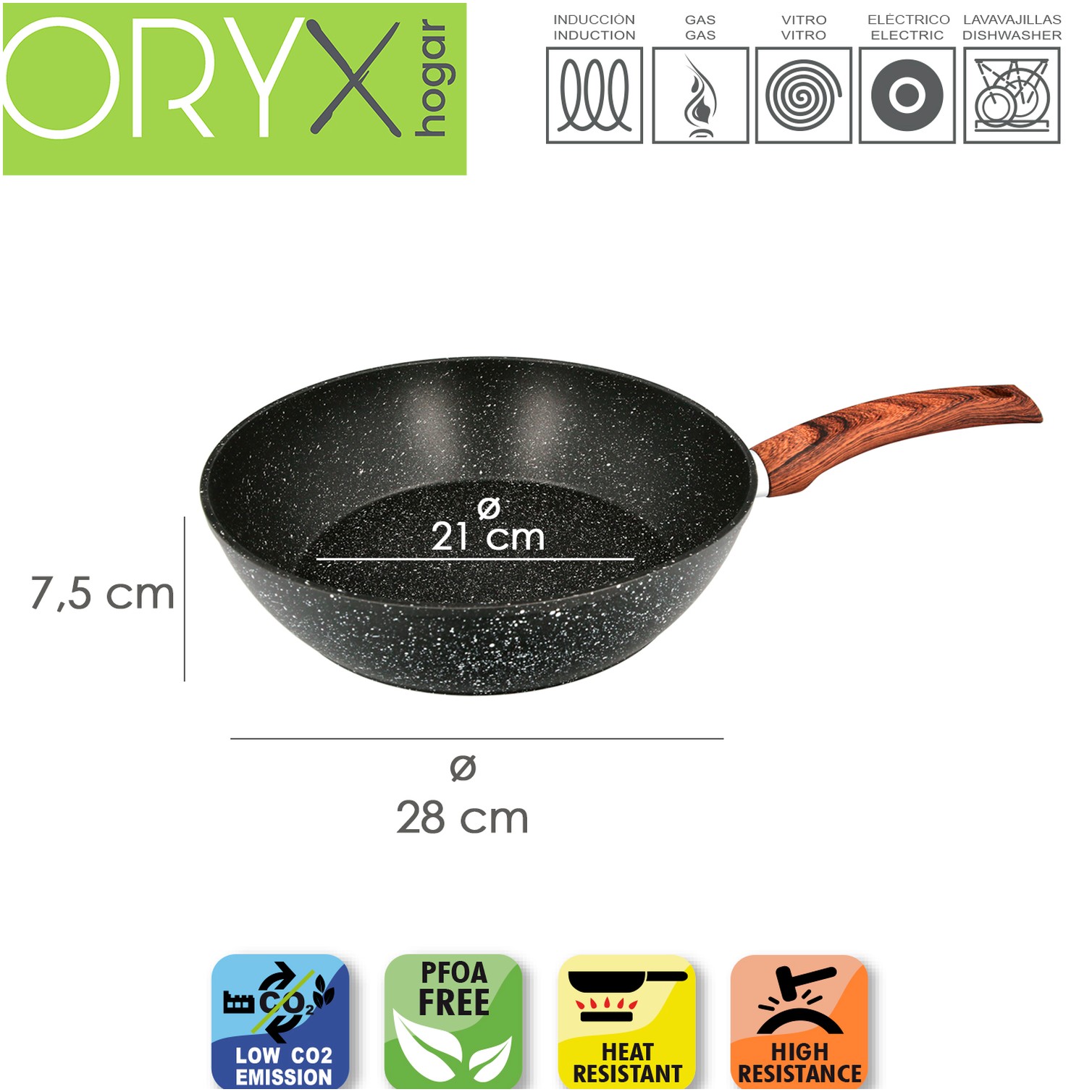 Sarten Honda Aluminio Forjado Antiadherente Ø 28x7,5 cm. Mango Engomado / 5 capas / Acabado Piedra / Para Todo Tipo de Cocinas