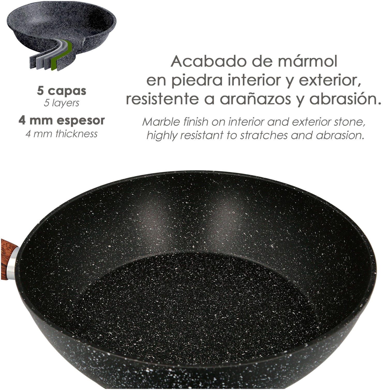 Sarten Honda Aluminio Forjado Antiadherente Ø 28x7,5 cm. Mango Engomado / 5 capas / Acabado Piedra / Para Todo Tipo de Cocinas
