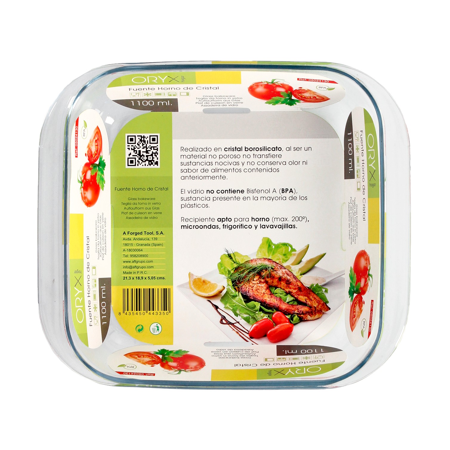 Fuente Horno Cristal Borosilicato Cuadrada 1,1litros. 18x18 cm. Ideal Meclas, Ensaladas, Postres, Cocina, Resposteria. Libre BPA