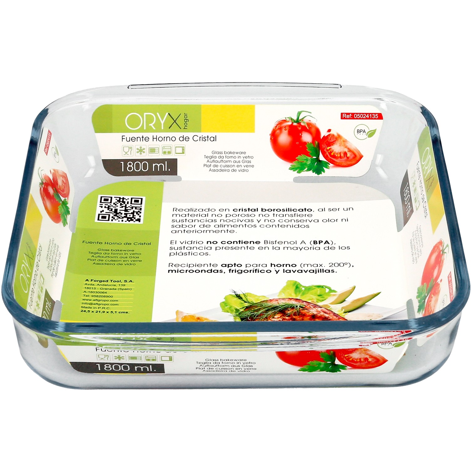 Fuente Horno Cristal Borosilicato Cuadrada 1,8 L. 20,7x20,7 cm. Ideal Meclas, Ensaladas, Postres, Cocina, Resposteria. Libre BPA