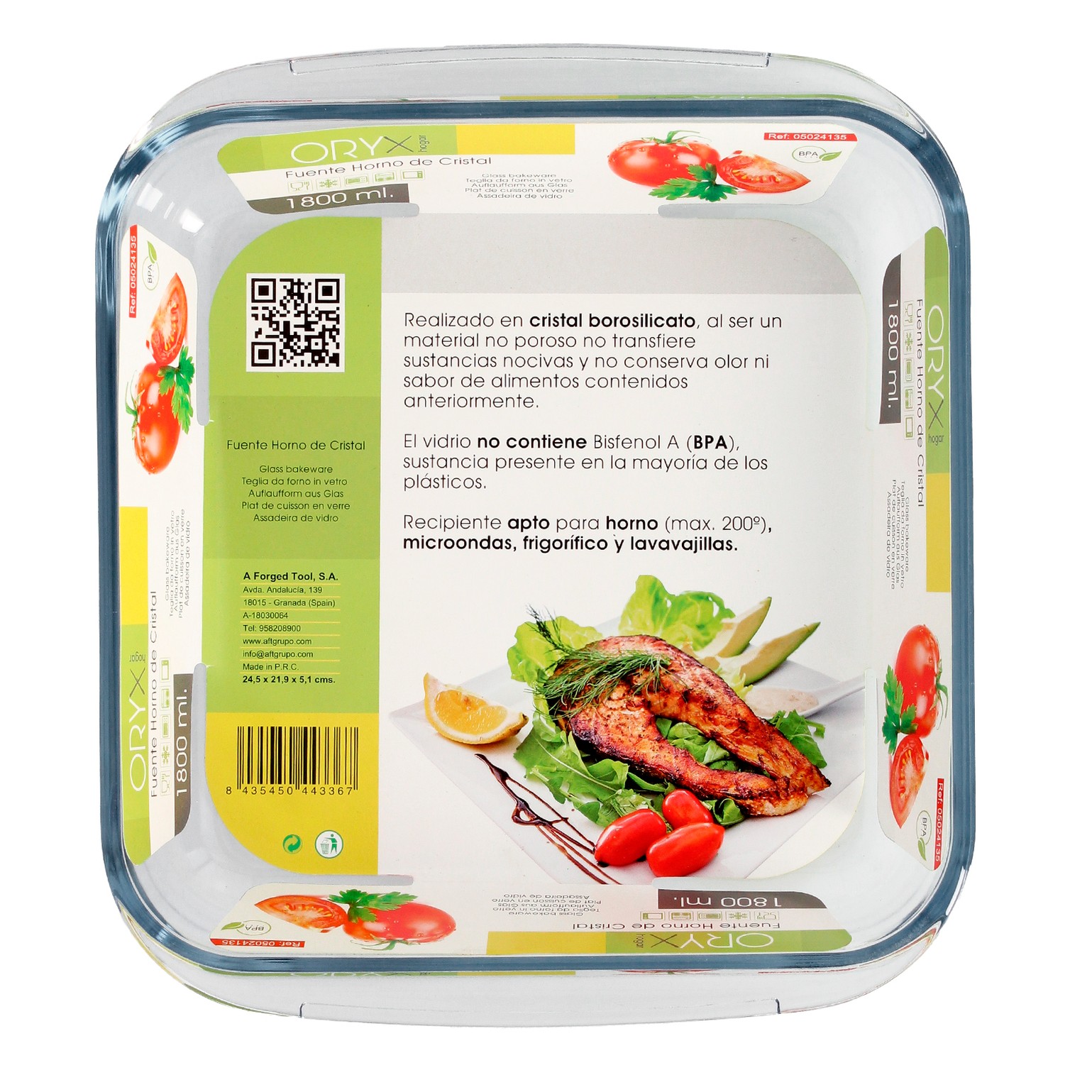 Fuente Horno Cristal Borosilicato Cuadrada 1,8 L. 20,7x20,7 cm. Ideal Meclas, Ensaladas, Postres, Cocina, Resposteria. Libre BPA