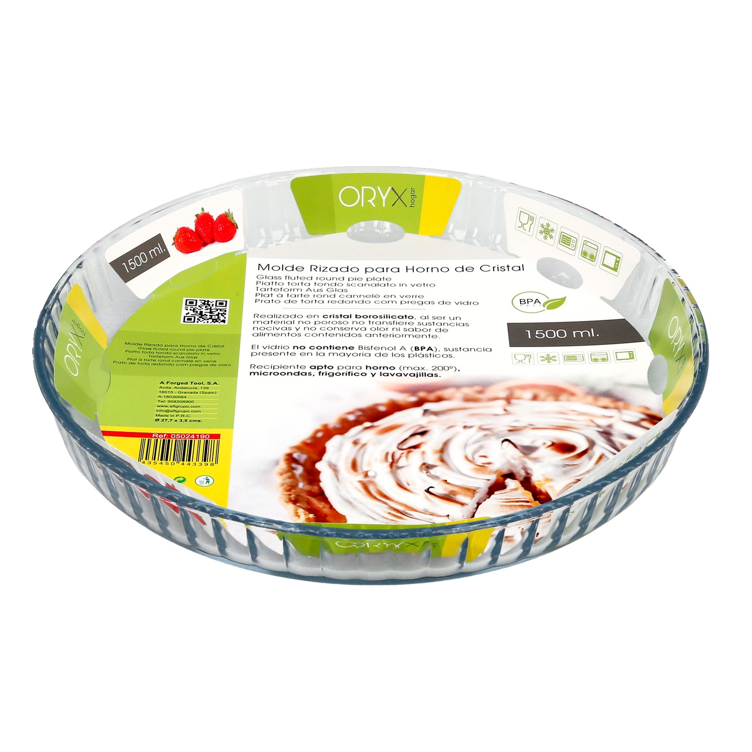 Molde Rizado Horno Cristal Borosilicato Ø 28 cm. Ideal Postres, Cocina, Resposteria, Tartas, Quiche, Libre BPA