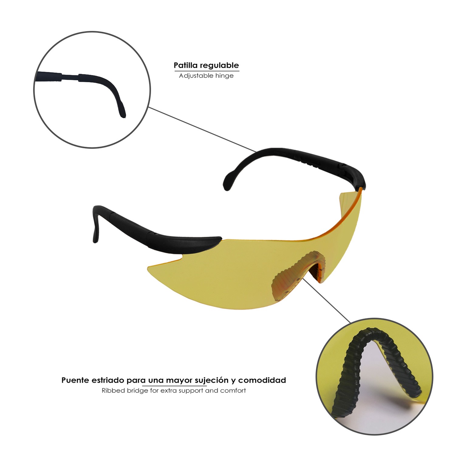 Gafas Proteccion En166 Patillas Ajustables Lentes Ambar, Puente Engomado, Homologadas EN166