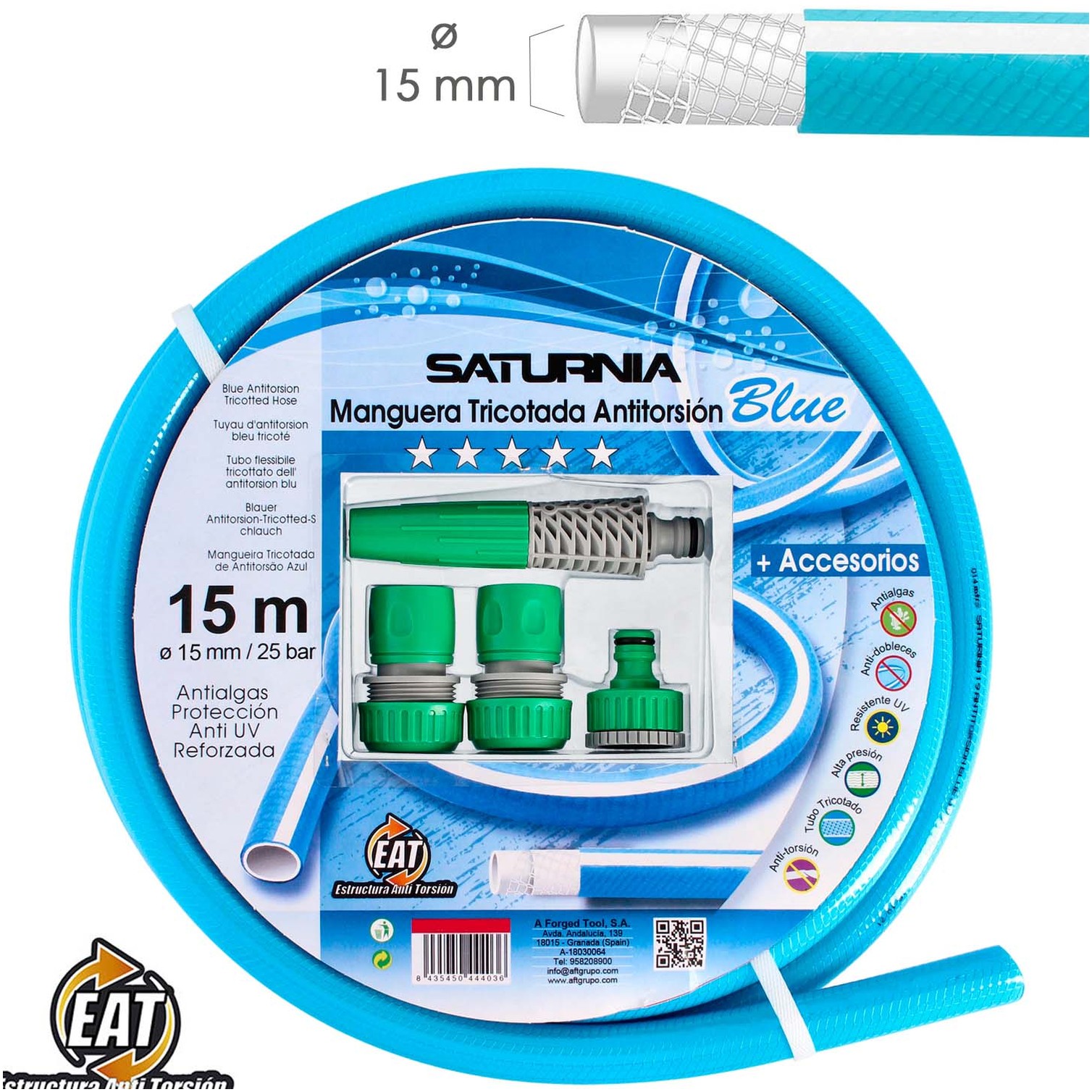 Manguera Tricotada No Torsion Blue Ø 15 mm. Rollo 15 metros. Con Accesorios, Manguera Anti Torsion, Manguera Sin Dobleces,