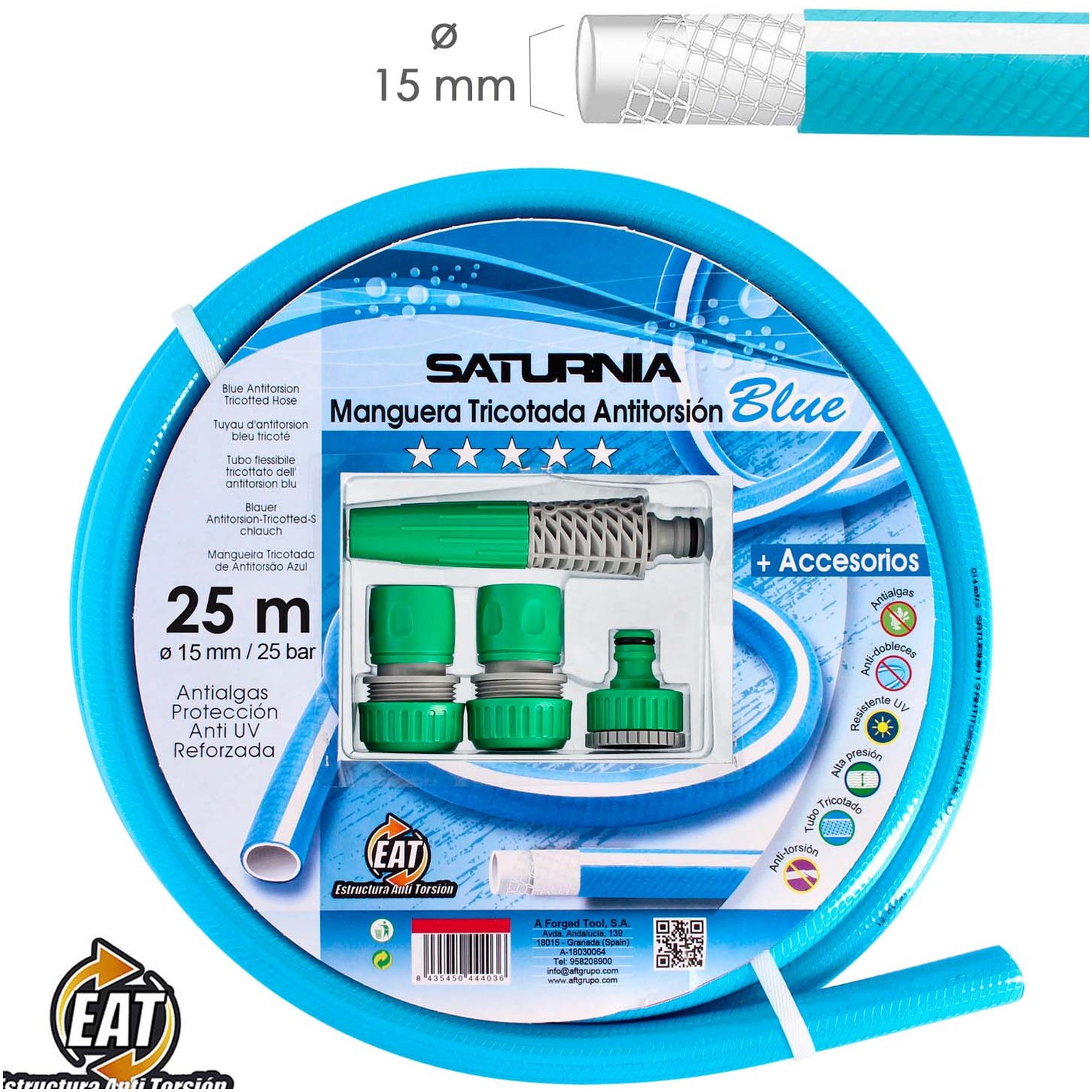 Manguera Tricotada No Torsion Blue Ø 15 mm. Rollo 25 metros. Con Accesorios, Manguera Anti Torsion, Manguera Sin Dobleces,