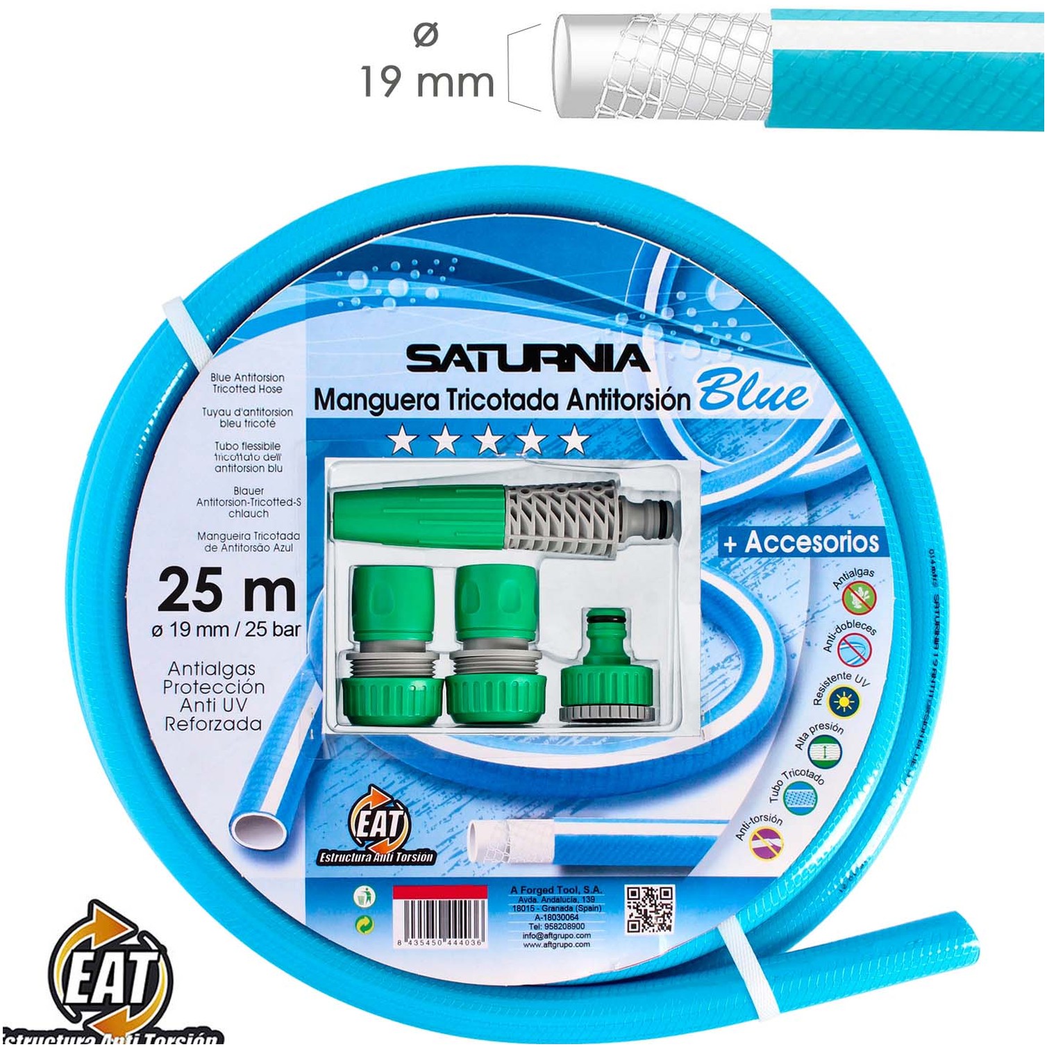 Manguera Tricotada No Torsion Blue Ø 19 mm. Rollo 25 metros. Con Accesorios, Manguera Anti Torsion, Manguera Sin Dobleces,
