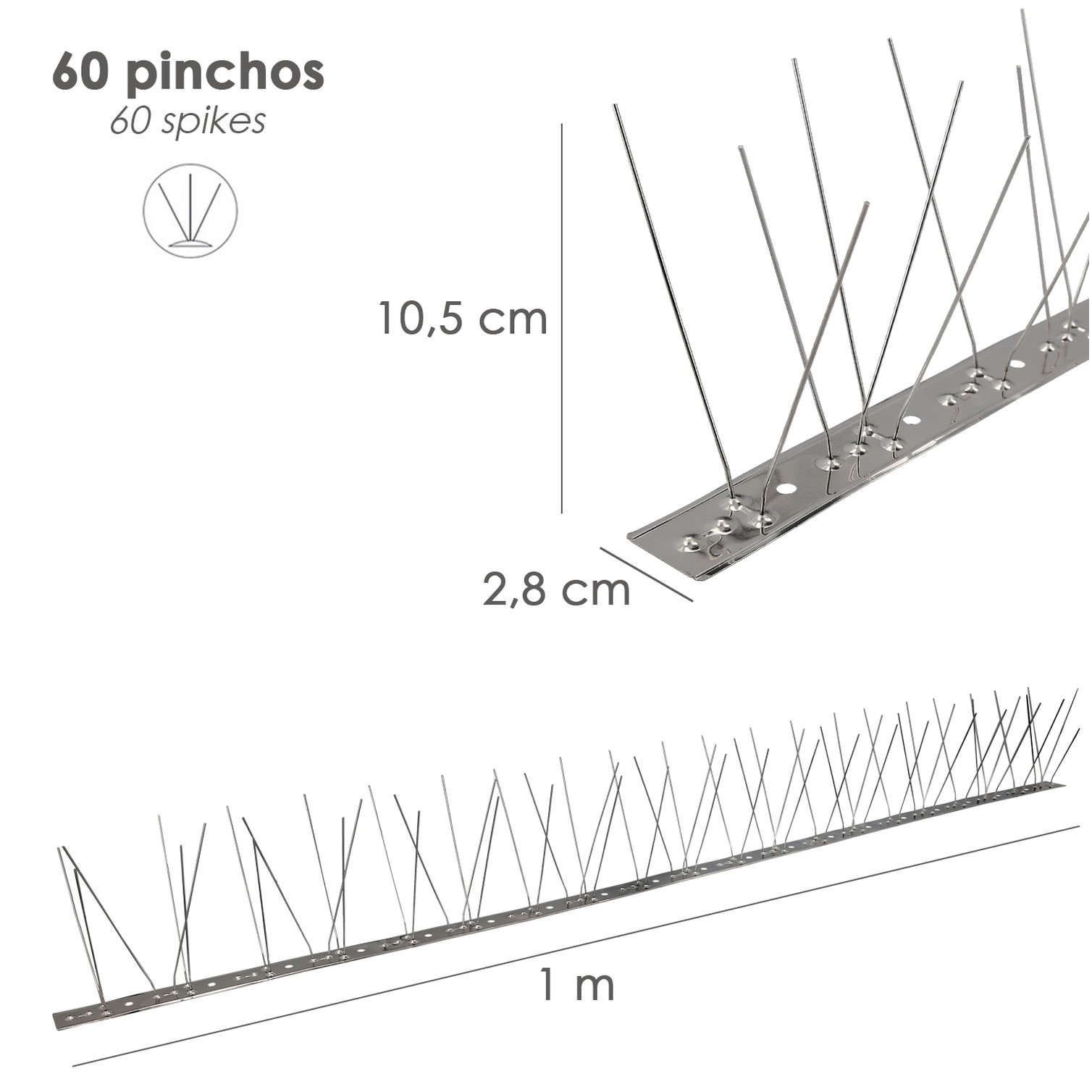 Pincho Anti Palomas / Pajaros 1 Metro Inoxidable Pincho Doble 60 Pinchos. Adaptable a Varias Posiciones