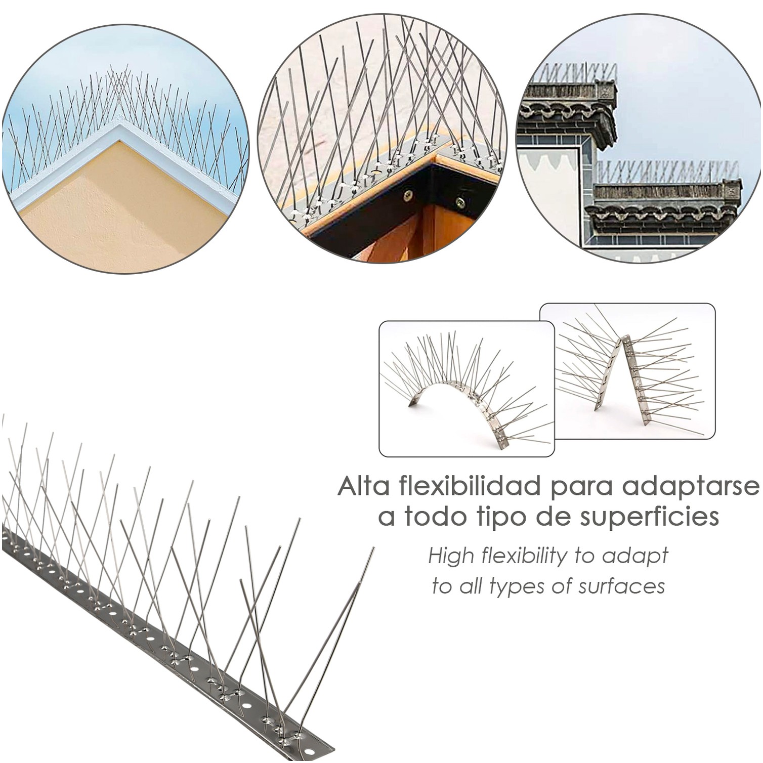 Pincho Anti Palomas / Pajaros 1 Metro Inoxidable Pincho Doble 60 Pinchos. Adaptable a Varias Posiciones