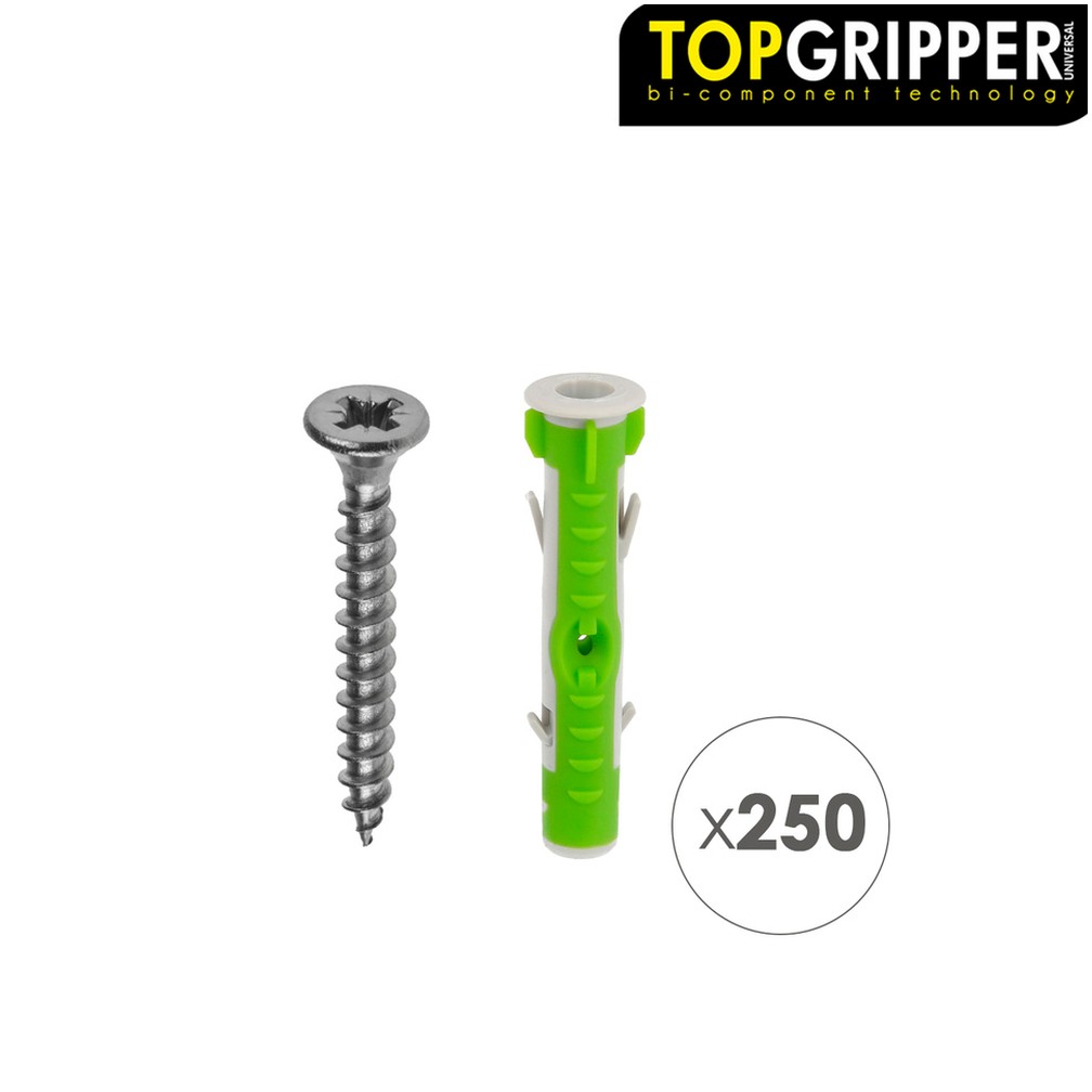 Cubo Tacos Topgripper Bimaterial Con Tornillos Ø 6 mm. 250 Piezas Taco Anclaje Universal, Taco Hormigon, Taco Pladur
