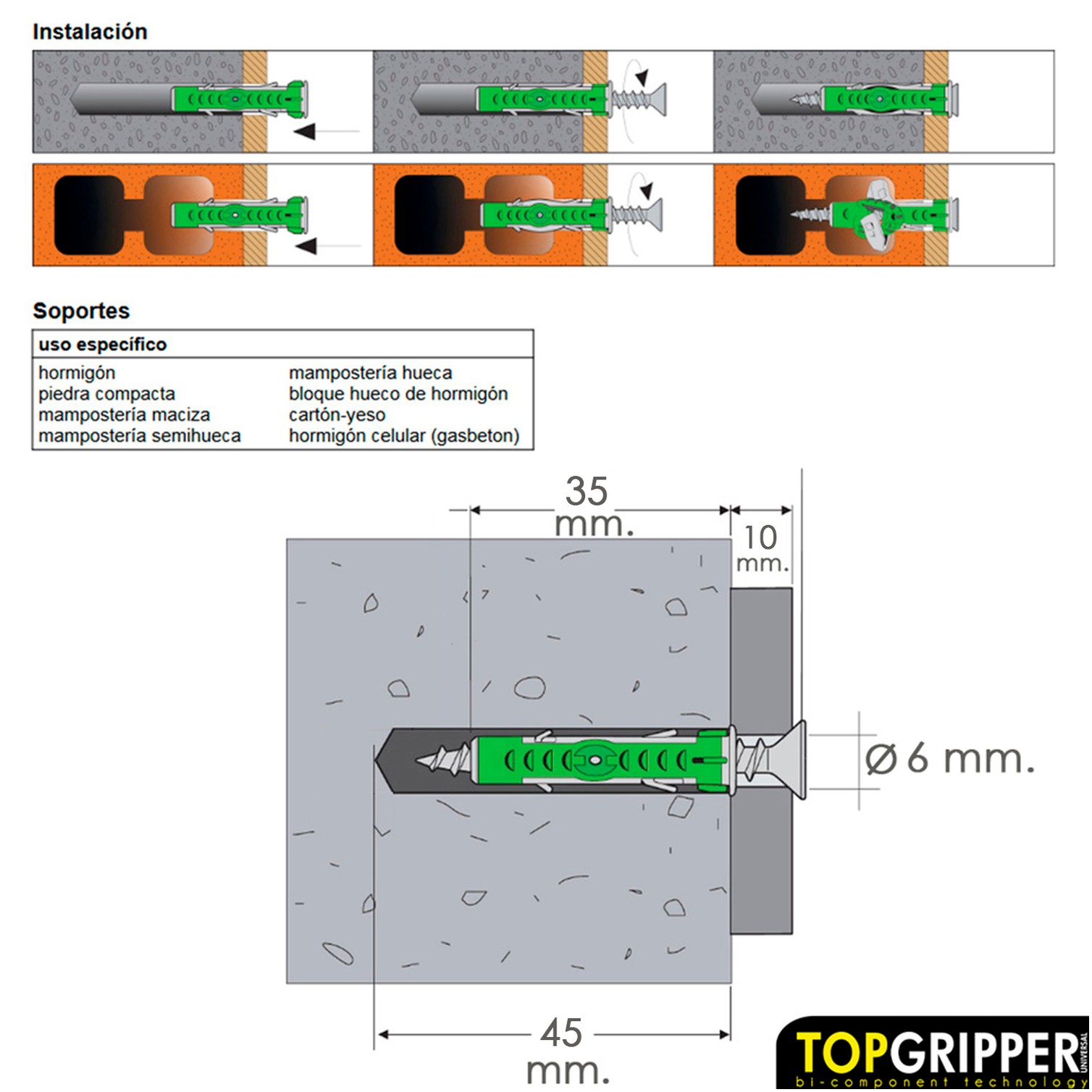 Cubo Tacos Topgripper Bimaterial Con Tornillos Ø 6 mm. 250 Piezas Taco Anclaje Universal, Taco Hormigon, Taco Pladur