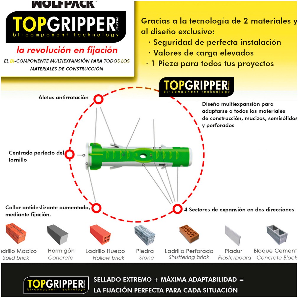 Cubo Tacos Topgripper Bimaterial Con Tornillos Ø 8 mm. 100 Piezas Taco Anclaje Universal, Taco Hormigon, Taco Pladur