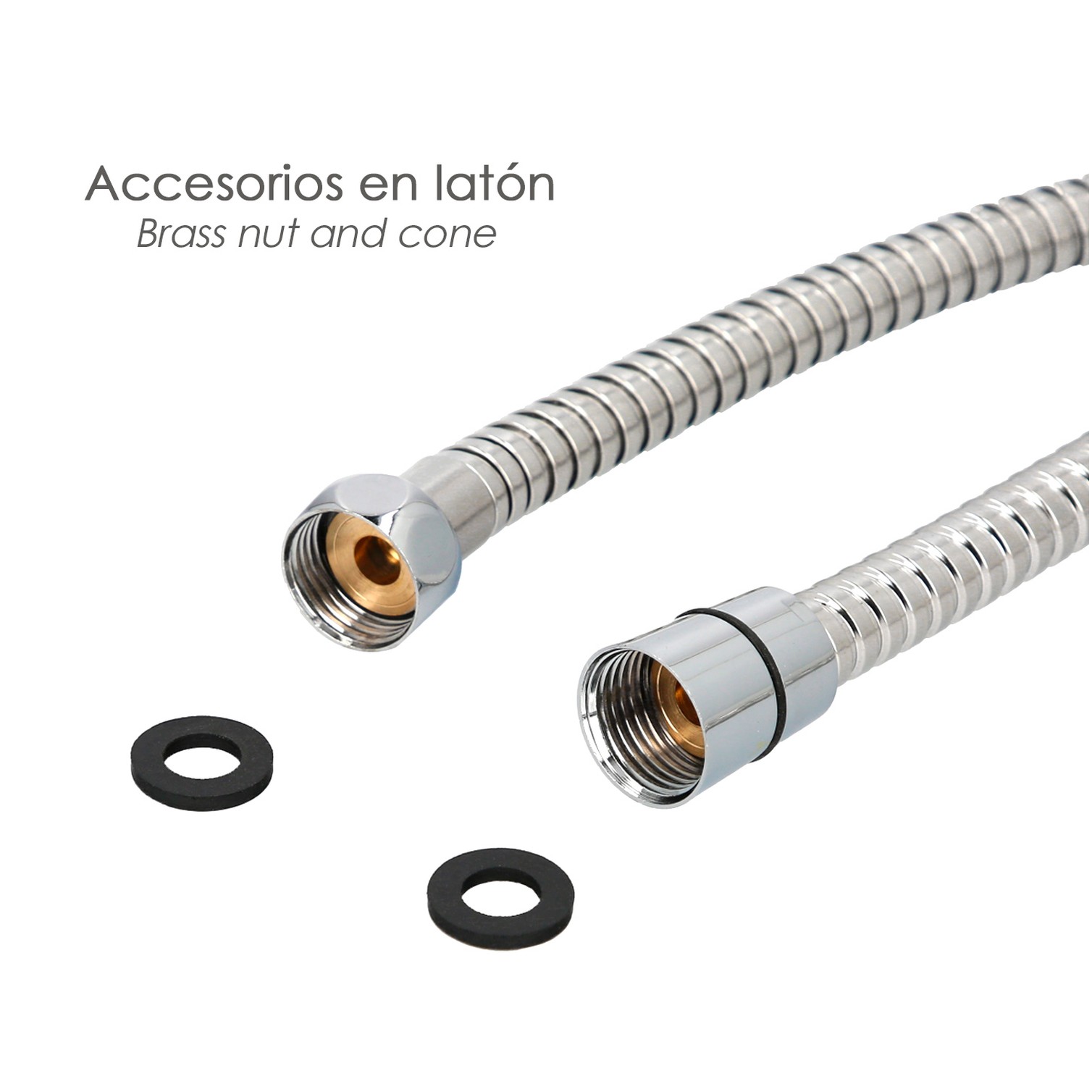 Flexo / Manguera Ducha Acero Inoxidable 2,00 Metros Accesorios de Latón. Flexible, Resistente a Torceduras, Conexión Estandar