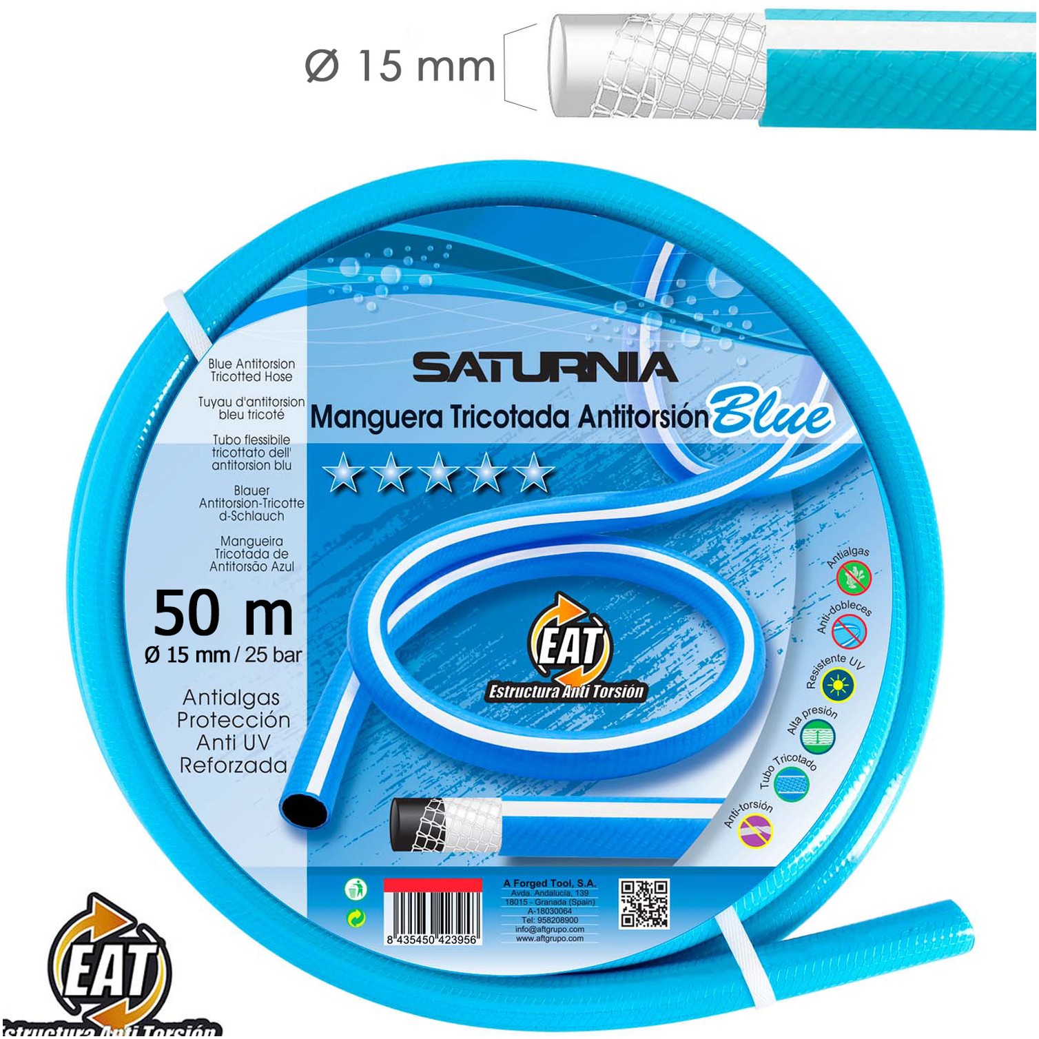 Manguera Tricotada No Torsion Blue Ø 15 mm. Rollo 50 metros. Manguera Anti Torsion, Manguera Sin Dobleces, Manguera Sin Nudos