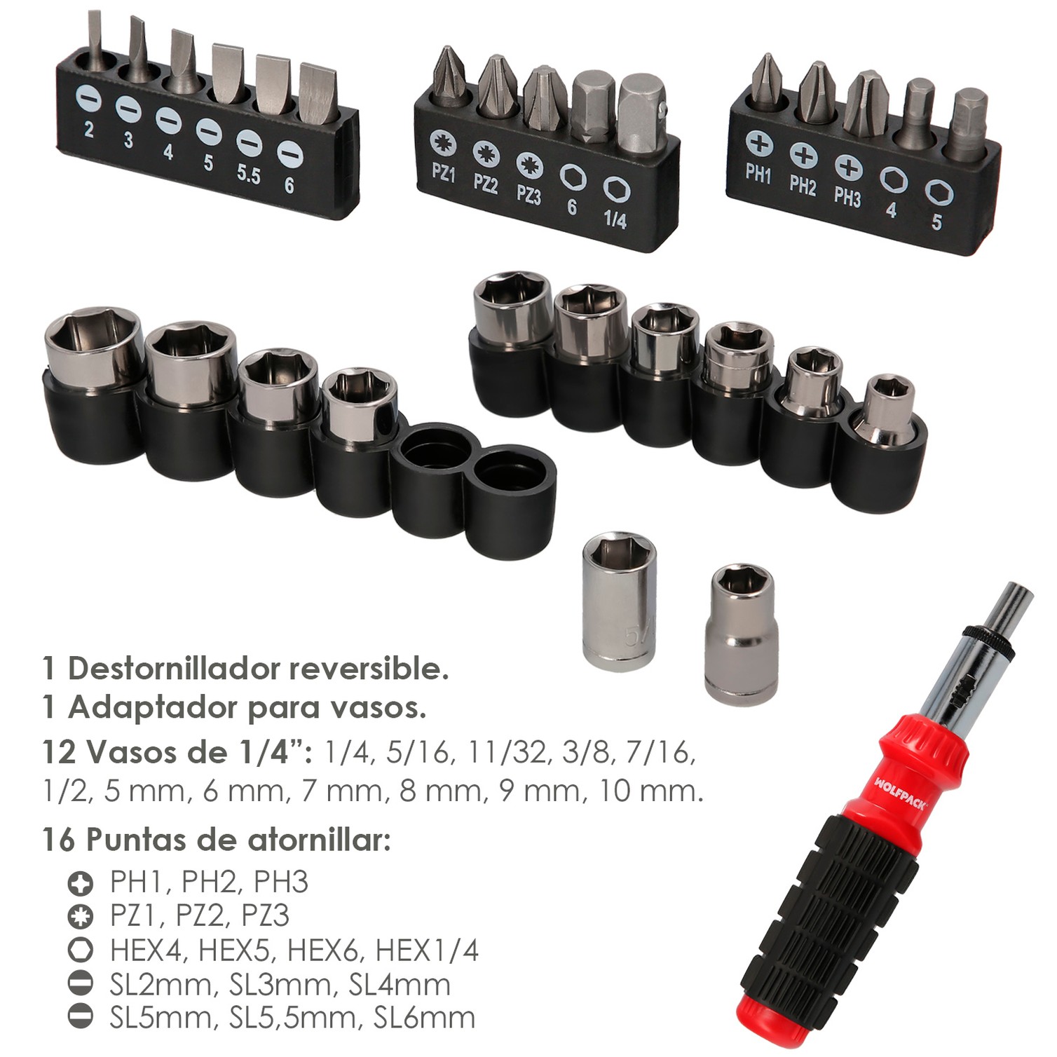Juego Destornillador Carraca con 29 piezas. (12 vasos y 16 Puntas)