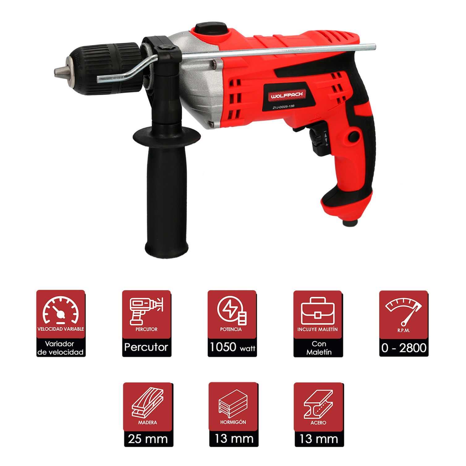 Taladro Percutor Con Variador de Velocidad 1050 Watt. Incluye Maletín, Empuñadura y Guia Metalica.