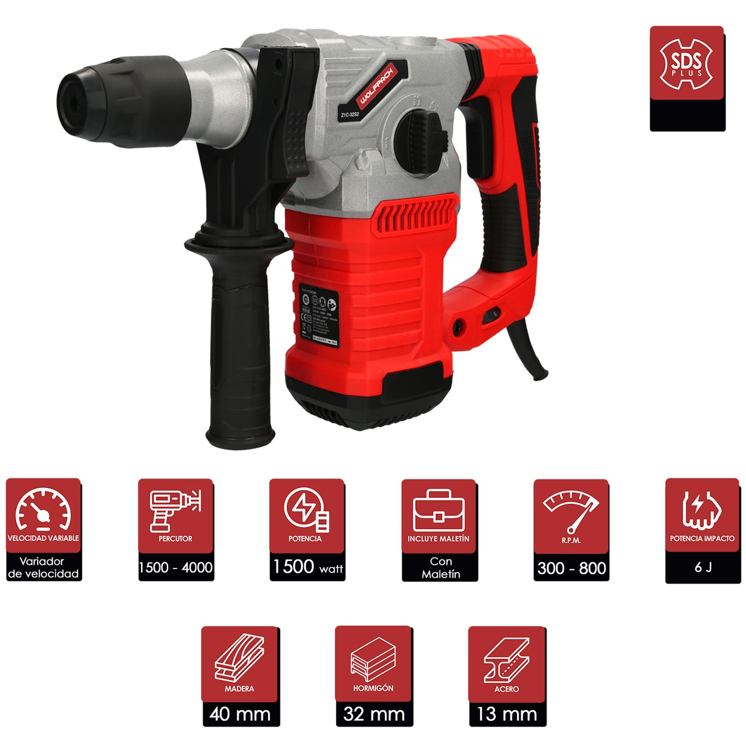 Martillo Demoledor Perforador SDS PLUS 1.500 Watt. Con Accesorios y Maletin. 4.000 IPM 6 Julios.
