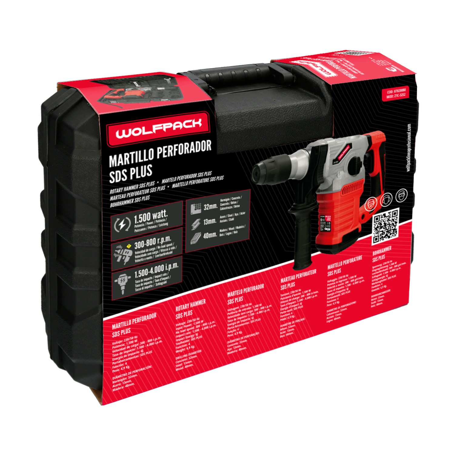 Martillo Demoledor Perforador SDS PLUS 1.500 Watt. Con Accesorios y Maletin. 4.000 IPM 6 Julios.