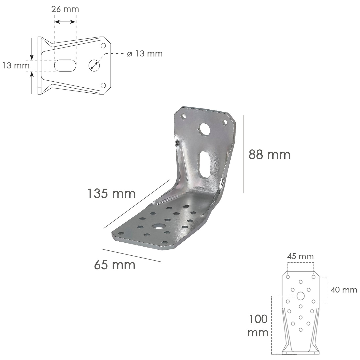 Soporte Para Madera Con Angulo Reforzado 65x88x135 mm. Conector Angular, Escuadra Fijación, Zapata Madera Soporte Pergola Madera